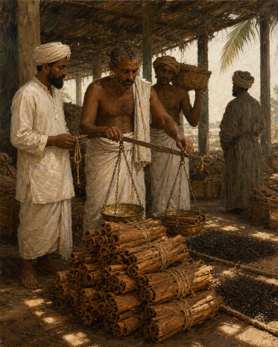 Um pátio de especiarias na costa do Malabar. Foi a Cananor, dali a Calecute, dali tornou a Goa e foi a Ormuz; esteve também na costa de Sofala. Pintura; figuras de época, não retratos.