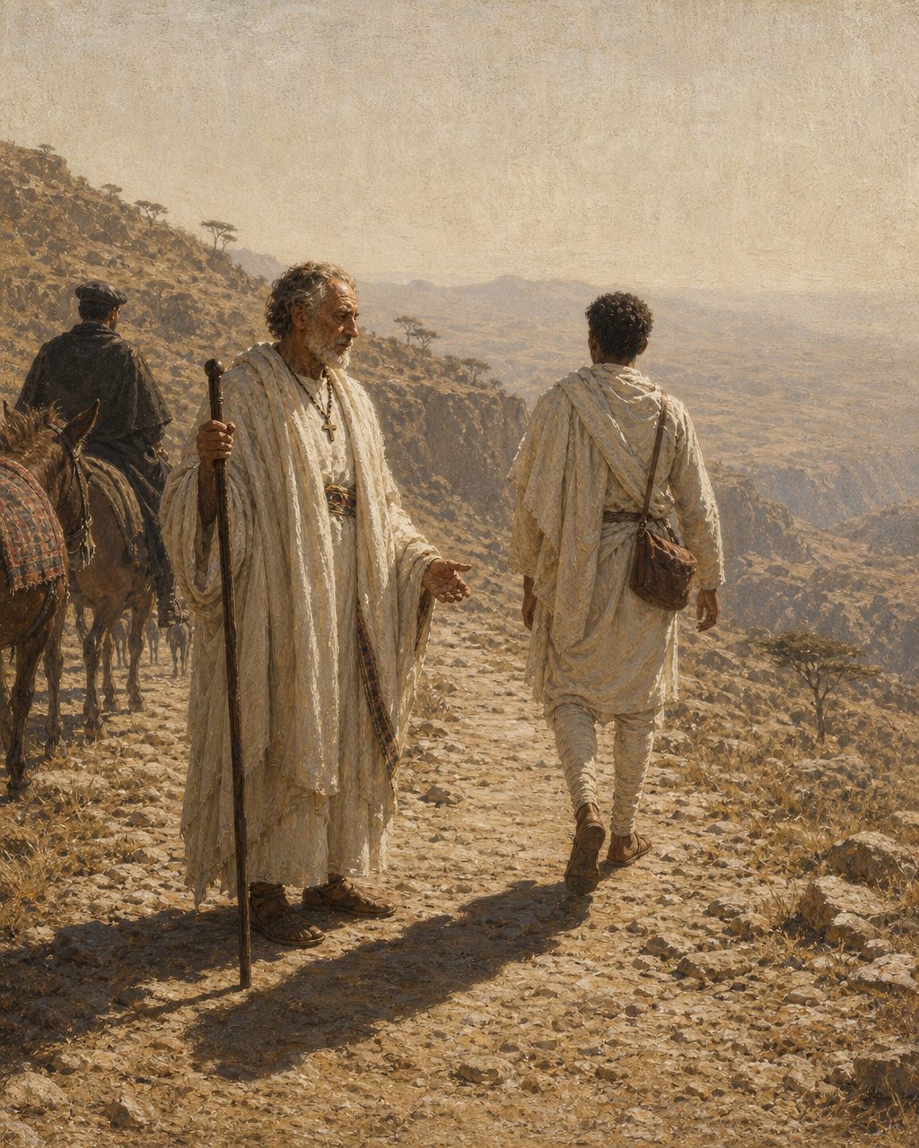 A despedida, a duas jornadas de caminho. Gaspar Correia conta que Pêro da Covilhã não quis vir com os portugueses, porque era já muito velho e vivia muito descansado nas muitas terras que tinha, e que mandou um filho, homem de vinte e três anos, com cem onças de ouro para o gasto do caminho. Pintura; figuras de época, não retratos.