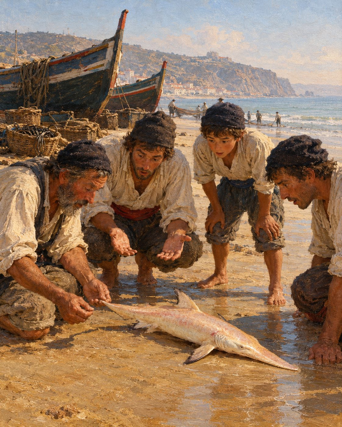 Evocação pintada de pescadores de Sesimbra em redor de um tubarão de focinho em lâmina, em julho de 1901 (figuras genéricas, não retratos).
