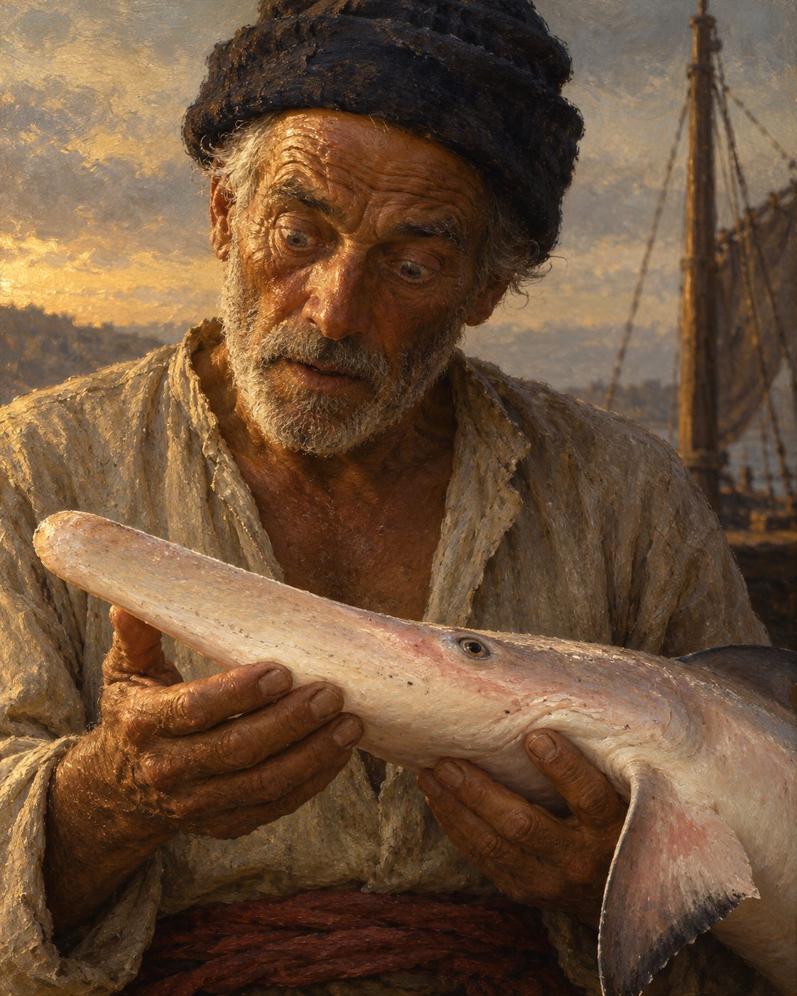 Evocação pintada de um pescador de linha a segurar o focinho comprido de um tubarão pálido (figura genérica, não retrato).