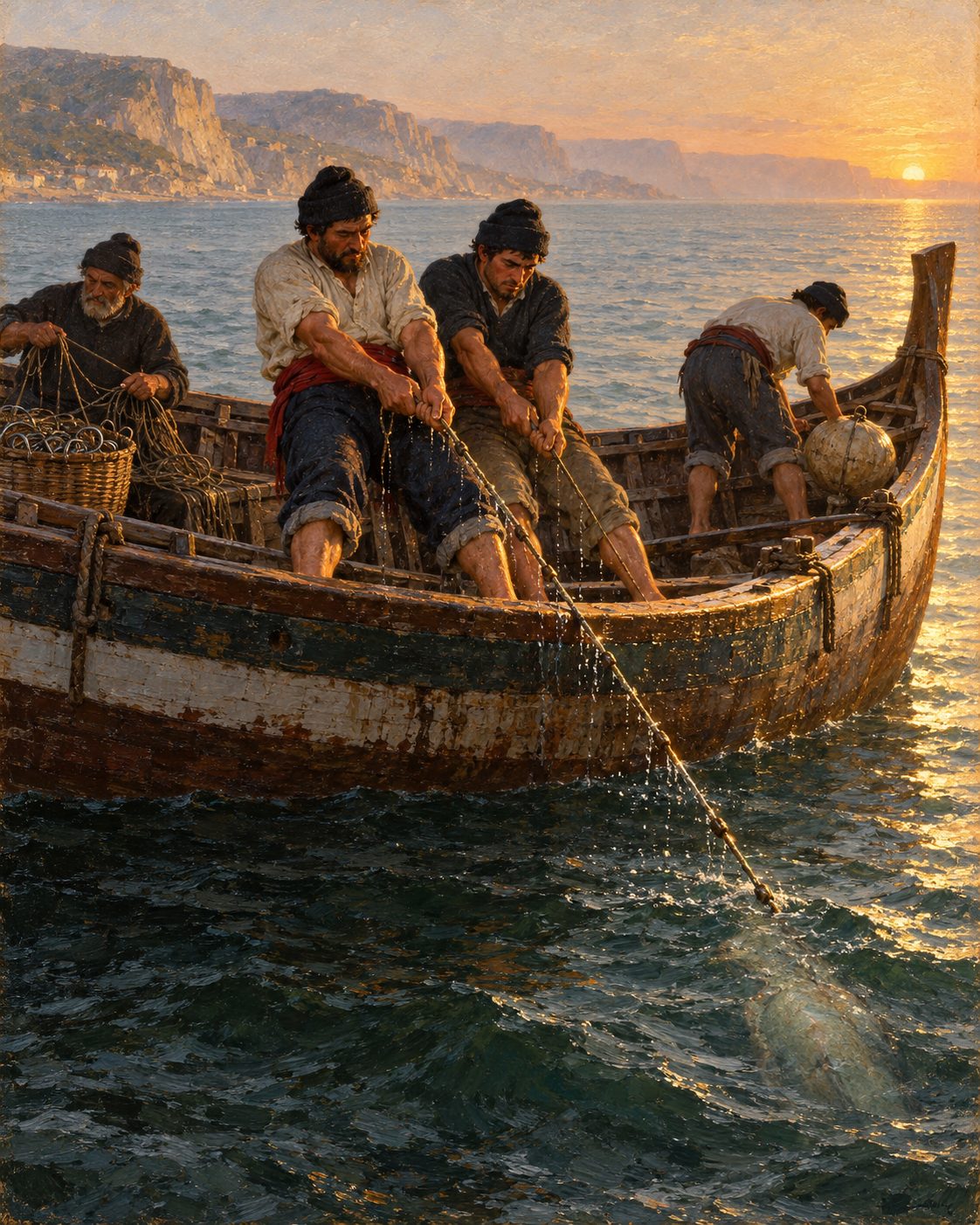 Evocação pintada de um barco de Sesimbra a alar um espinhel de águas fundas, ao nascer do dia (figuras genéricas, não retratos).