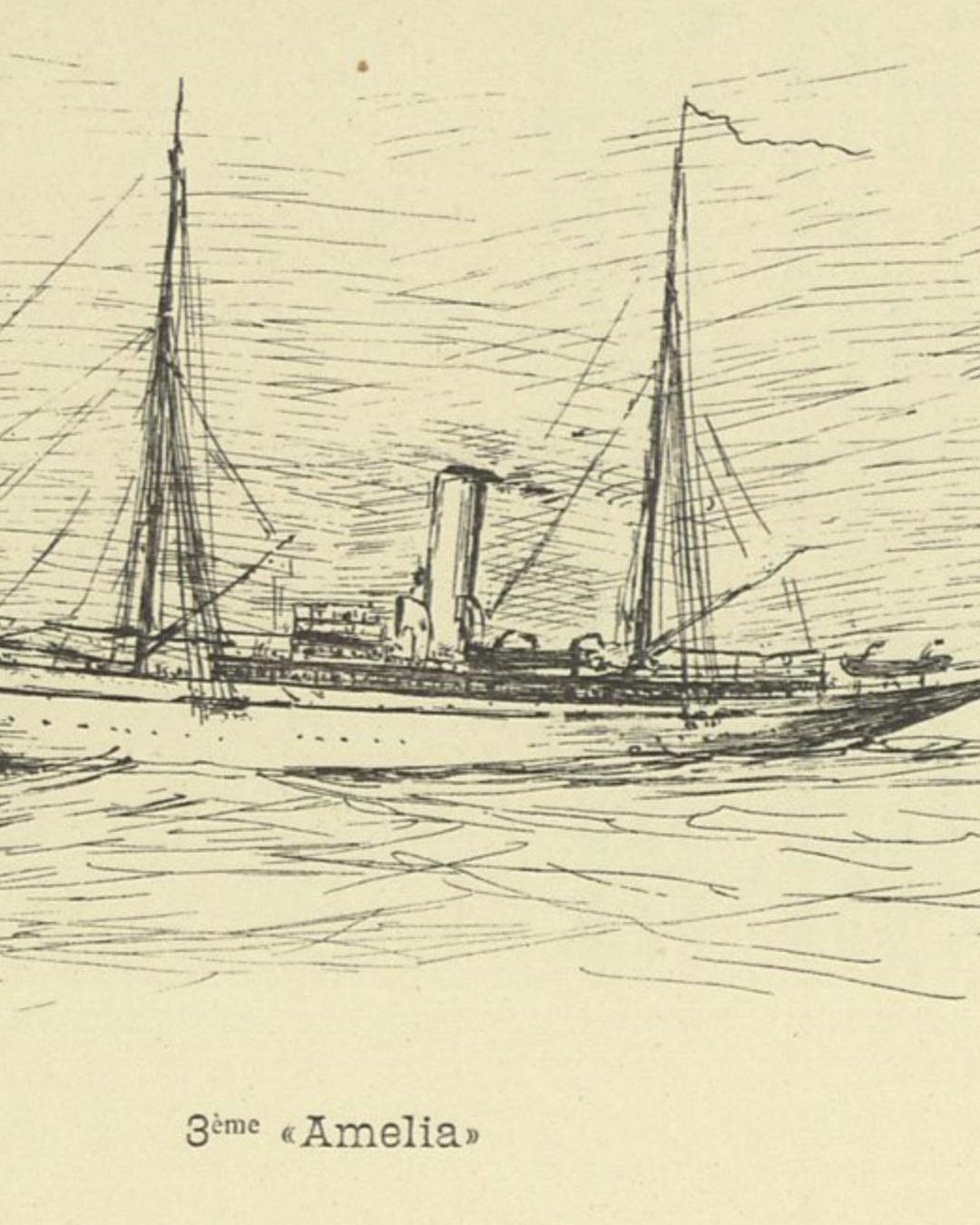 Desenho do terceiro iate «Amélia», prancha III do Bulletin des campagnes scientifiques accomplies sur le yacht «Amelia» (1902). (Biblioteca Nacional de Portugal, domínio público)