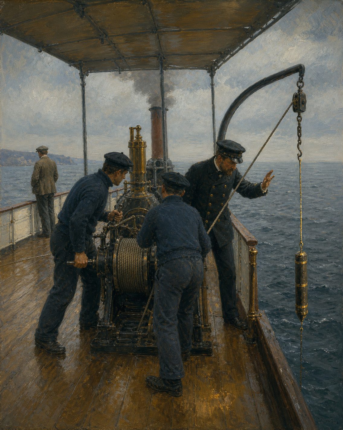 Evocação pintada de uma sondagem de profundidade a bordo de um iate a vapor, nos anos 1890 (figuras genéricas, não retratos).