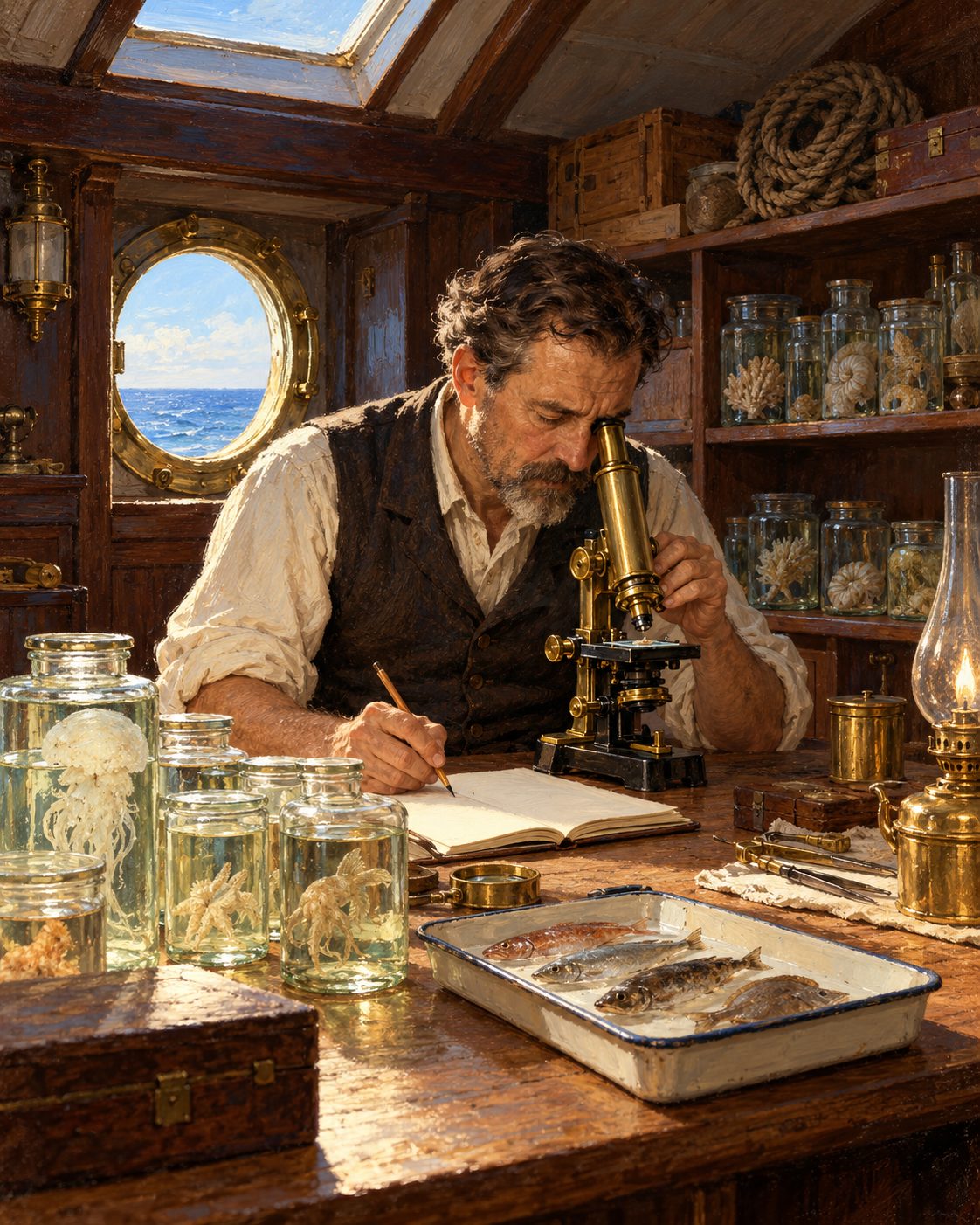 Evocação pintada de um naturalista ao microscópio no laboratório de um iate, por volta de 1900 (figura genérica, não retrato).