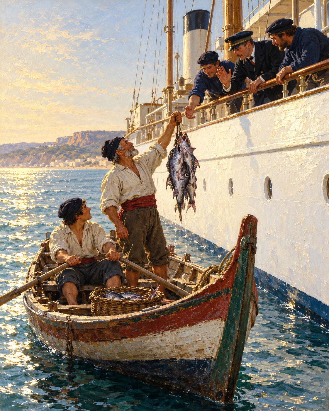 Evocação pintada de um barco de pesca de Sesimbra junto ao casco de um iate, com peixes de grande profundidade para entregar (figuras genéricas, não retratos).