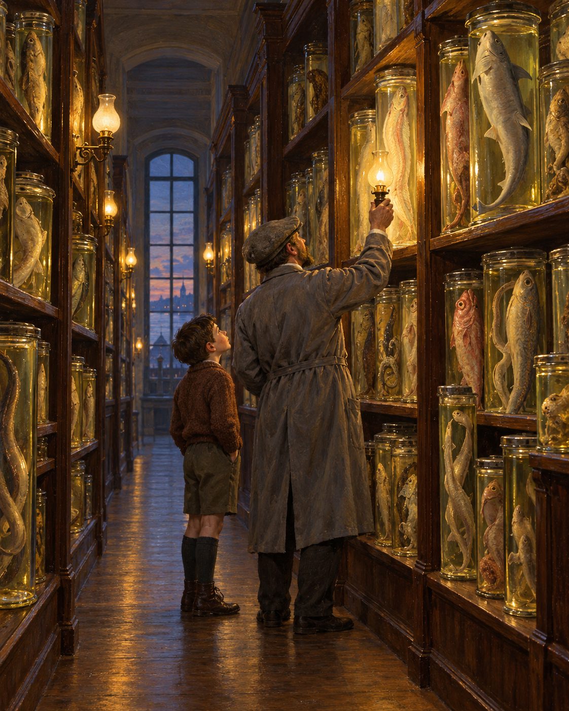 Evocação pintada de uma galeria com frascos de exemplares marinhos sob luz de gás (figuras genéricas; não representa um museu real).