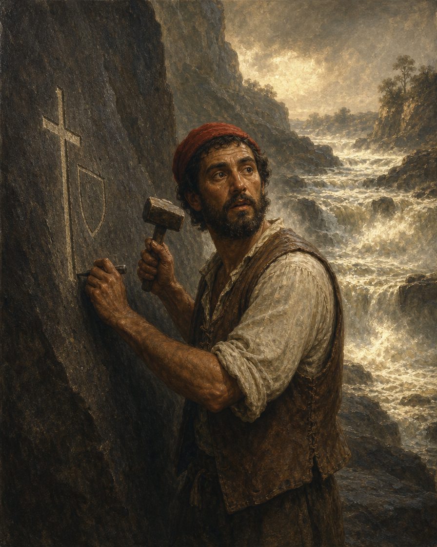 Evocação pintada de um homem da armada de Diogo Cão a abrir uma cruz na rocha, junto aos rápidos de Ielala, na margem esquerda do rio Congo. Numa rocha deste sítio está gravado «Aqui chegaram os navios do esclarecido rei Dom João o Segundo de Portugal», com três nomes. Figura genérica de época, não retrato.