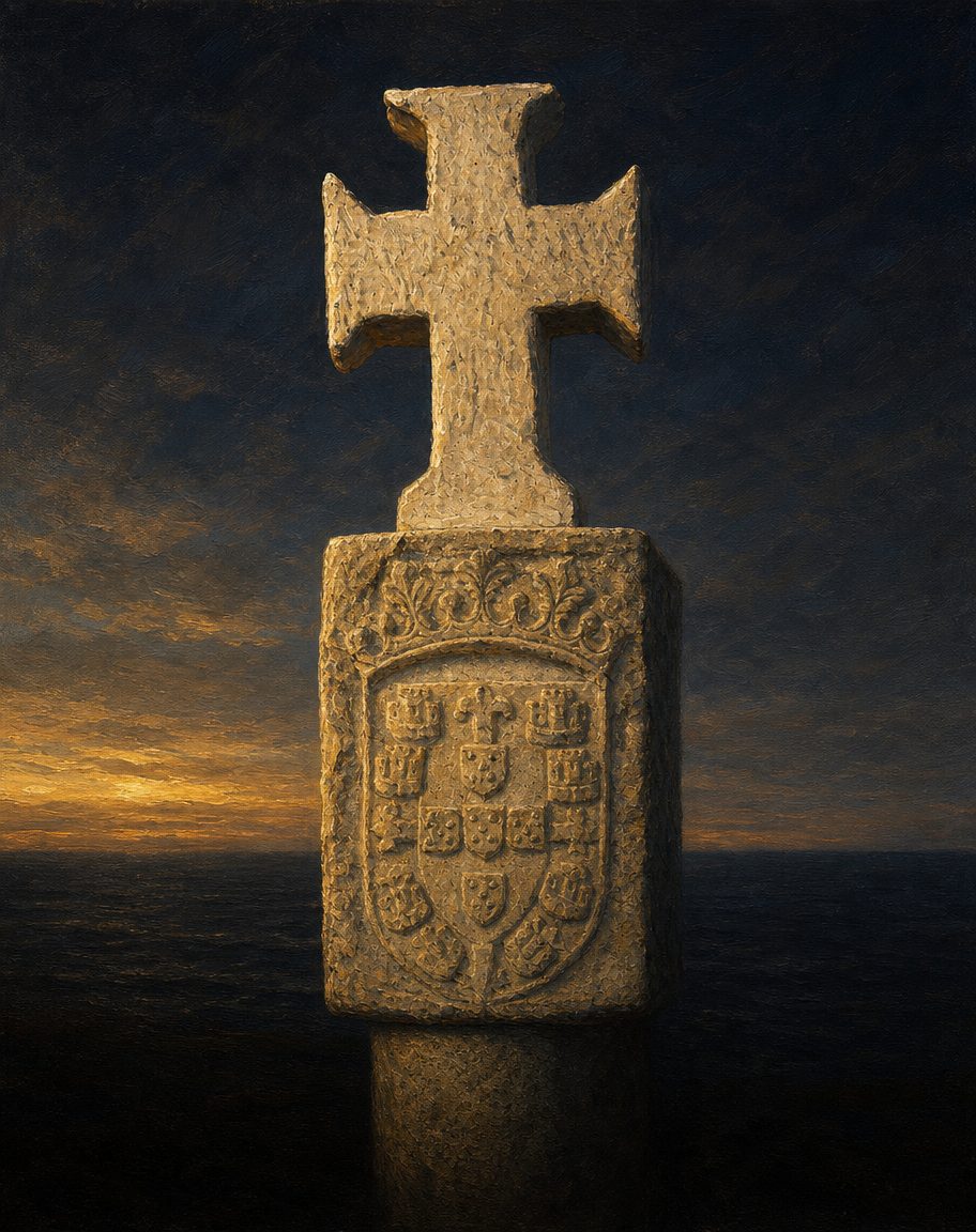 Pintura de um padrão de pedra, com o escudo das armas reais e a cruz no topo, a partir de uma fotografia de Marie-Lan Nguyen (CC BY 4.0, Wikimedia Commons) da cópia em gesso do Padrão de Santo Agostinho, feita nos anos 1930, que está no AfricaMuseum, em Tervuren. O original, que perdeu a cruz do topo, está em Lisboa, no museu da Sociedade de Geografia, e o letreiro conta o tempo duas vezes: o ano de 6681 da criação do mundo e o de 1482 do nascimento de Cristo.