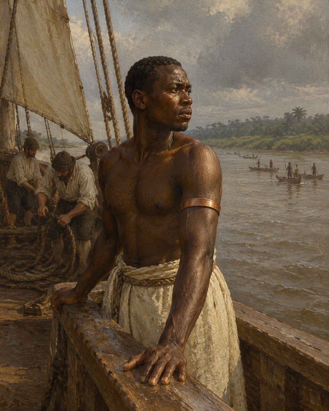 Evocação pintada de um homem do Congo a bordo, na foz do rio. Segundo João de Barros, como os homens que Diogo Cão mandara ao rei do Congo não voltavam, levou para o navio quatro dos que subiam a bordo e disse aos outros, por acenos, que os traria de volta ao fim de quinze luas; os seus homens ficavam em terra, como garantia. Figura genérica de época, não retrato.