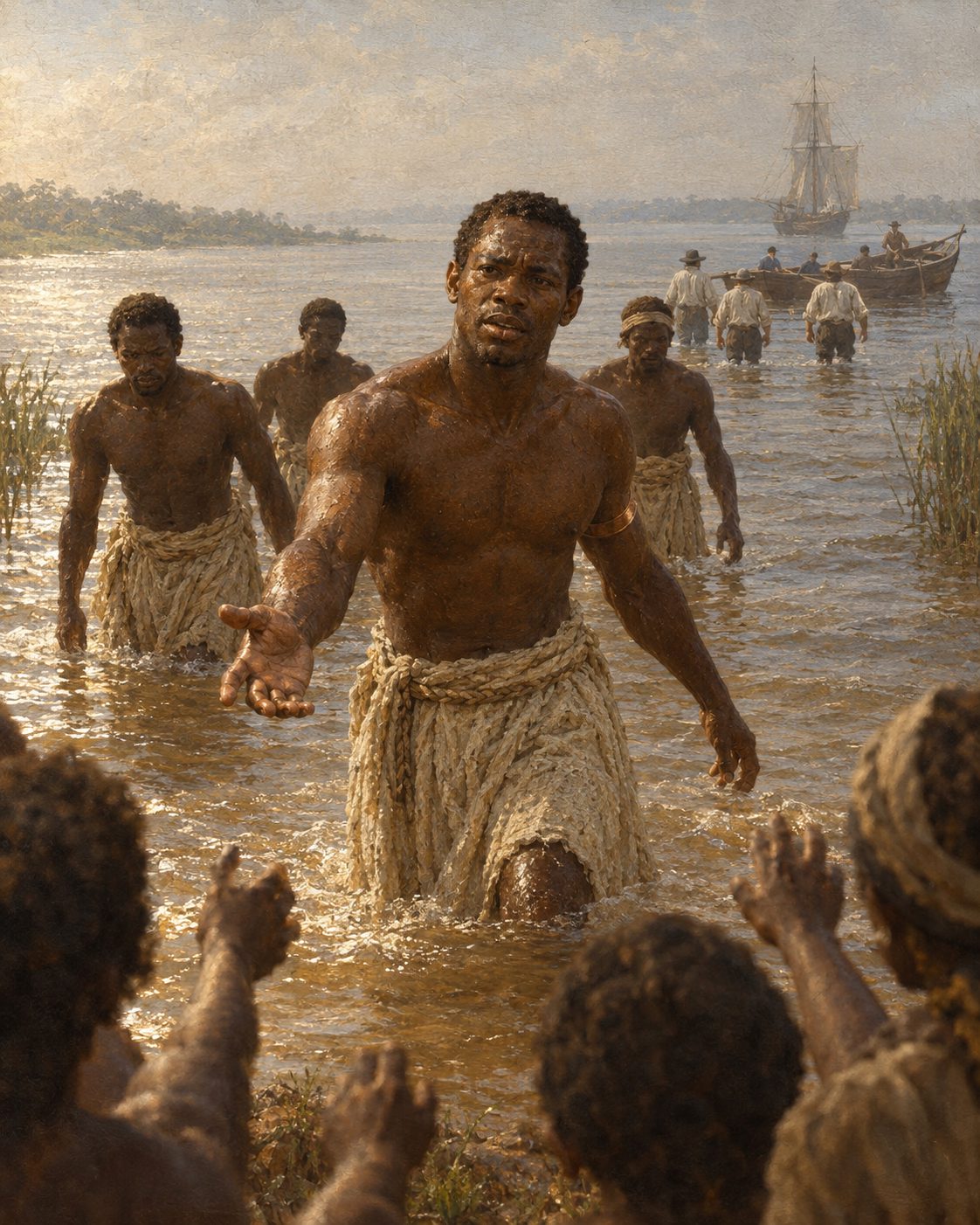 Evocação pintada do regresso. Numa viagem posterior, Diogo Cão trouxe os quatro homens de volta, vivos, e trocou-os pelos portugueses que tinham ficado no Congo. É a mesma figura da pintura anterior, genérica, não retrato.
