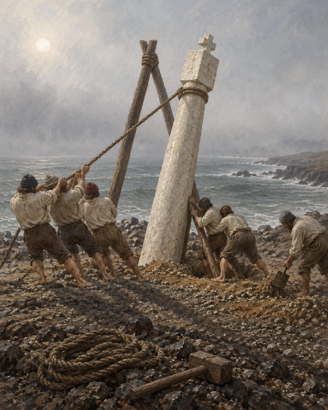 Evocação pintada de homens da armada a erguer um padrão de pedra num cabo da costa, sobre o mar. Mais a sul, Diogo Cão assentou dois padrões, no Cabo Negro e, na costa da atual Namíbia, no Cabo da Cruz; o do Cabo da Cruz mede três metros e meio e pesa mais de uma tonelada. Figuras genéricas de época.