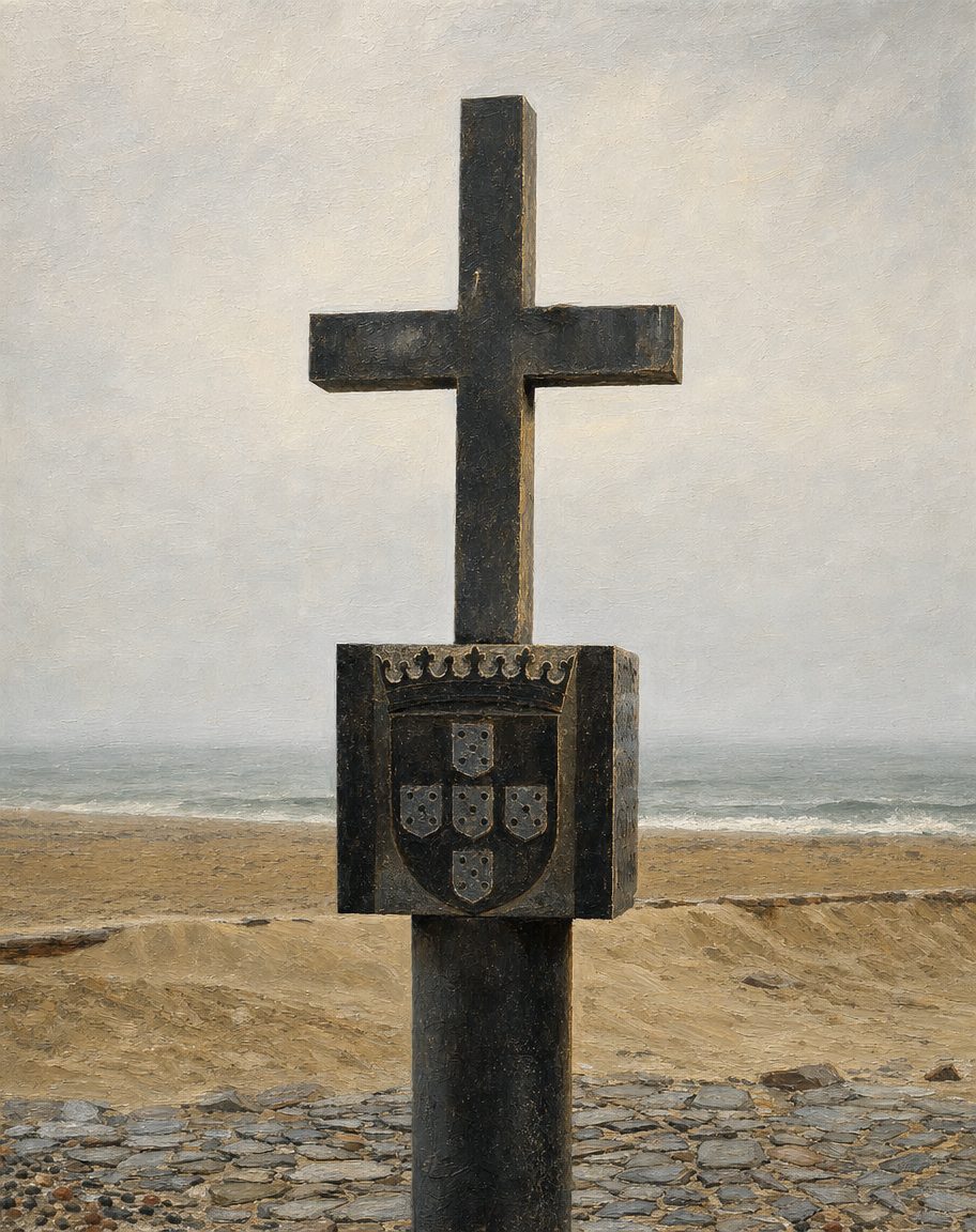 Pintura da coluna que está hoje no Cabo da Cruz, na costa da Namíbia, a partir de uma fotografia de Martin Cígler (CC BY-SA 3.0, Wikimedia Commons); a pintura derivada segue a mesma licença. É a reprodução que o imperador Guilherme II mandou pôr no lugar do padrão de Diogo Cão, com a cabeça copiada da portuguesa e, no fuste, uma inscrição em alemão que a pintura não mostra. O original foi levado para a Alemanha em 1893 e voltou à Namíbia em 2019, a pedido da Namíbia.
