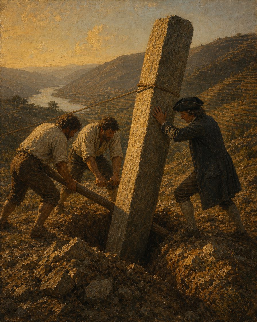 Em 1758, a lei subiu a encosta ao ombro: 201 marcos de granito plantados num só ano, e mais 134 em 1761, pagos pelos próprios donos dos terrenos demarcados. Pintura. evocação, não registo.