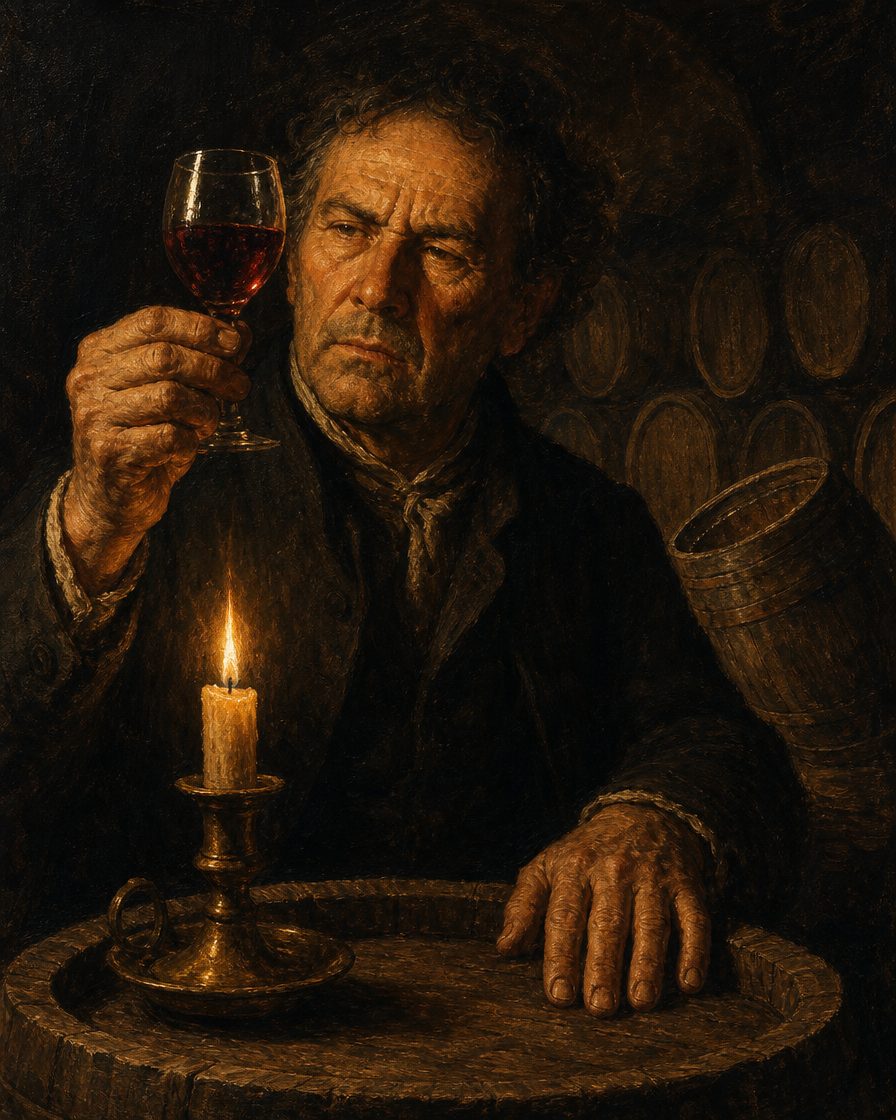 A pedra era o primeiro tribunal; o último era uma boca. Dois provadores qualificadores, de nomeação régia, provavam cada vinho e refugavam os arruinados ou adulterados. Pintura. evocação, não retrato.
