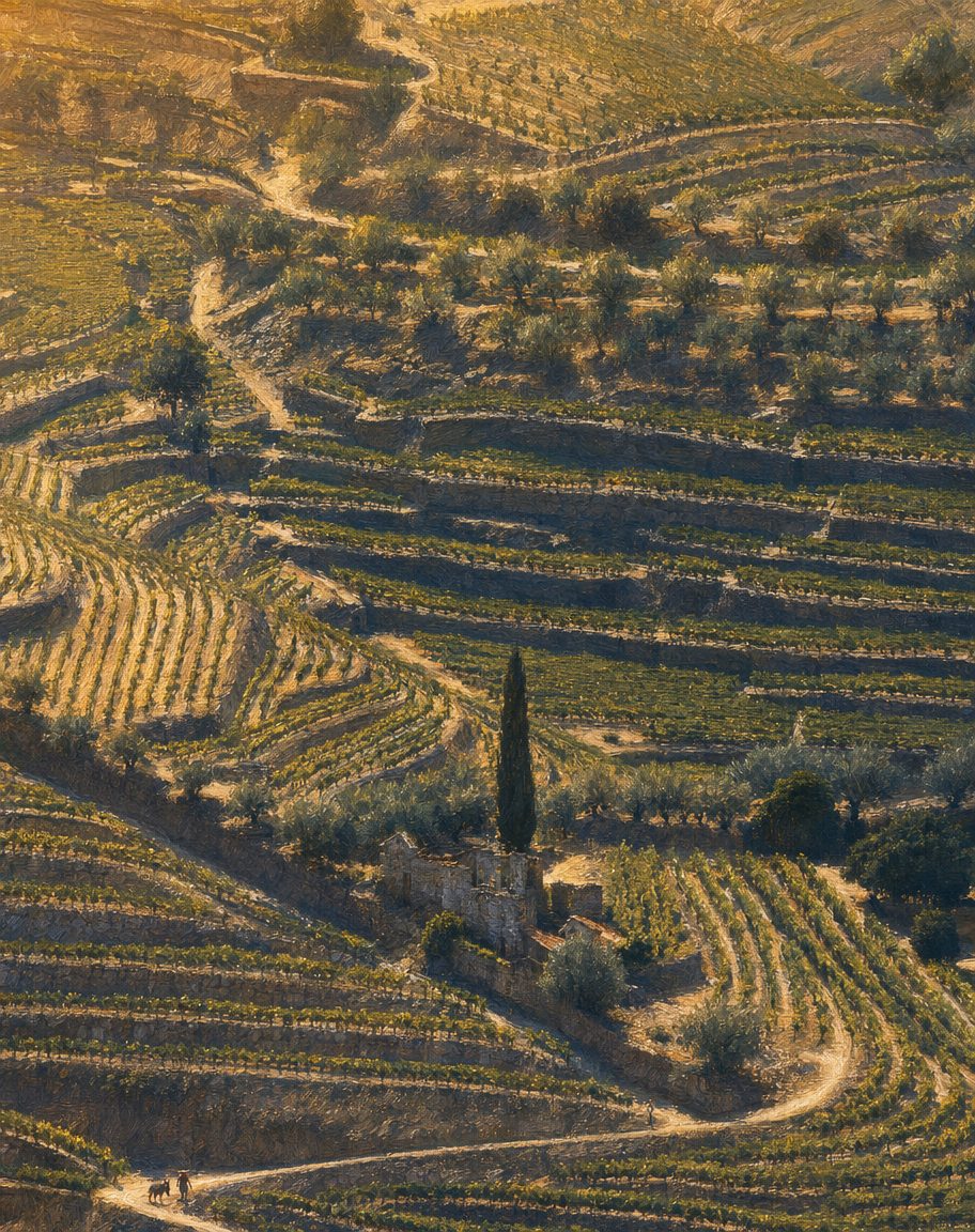 Foi nesta paisagem que se fez a experiência: traçar no chão, de encosta em encosta, o direito de um vinho a viajar. Pintura a partir de fotografia real do Alto Douro, zona do Pinhão, de Concierge.2C (Wikimedia Commons, CC BY-SA 3.0).