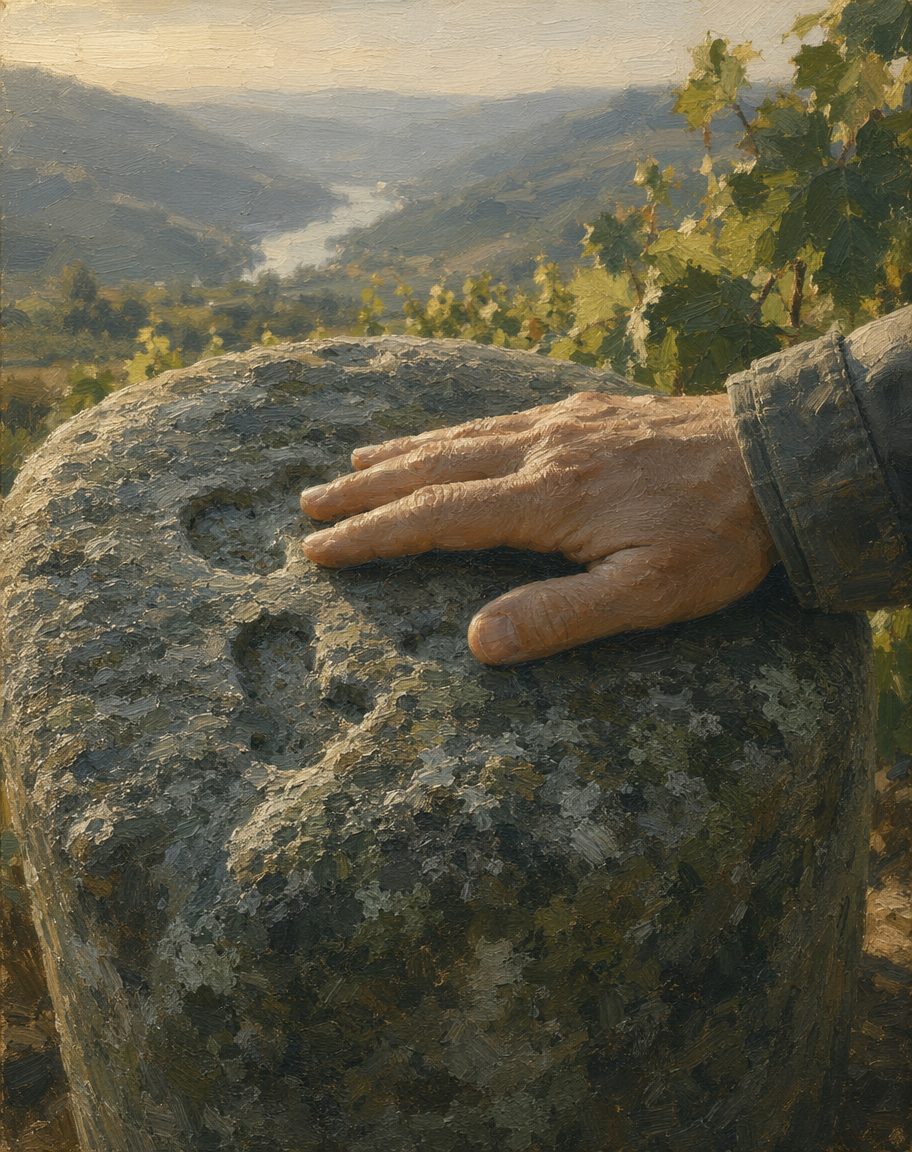Não estão em vitrinas: estão nas vinhas, há mais de 260 anos, ao alcance da mão de quem caminha pelos socalcos. Pintura.
