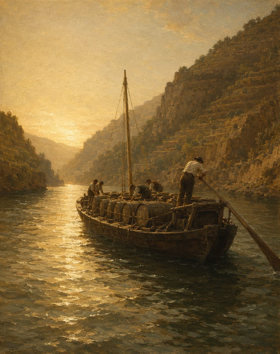Dentro dos marcos, «vinho de feitoria»: o vinho com direito a embarcar, rio abaixo, para o mundo. Pintura.