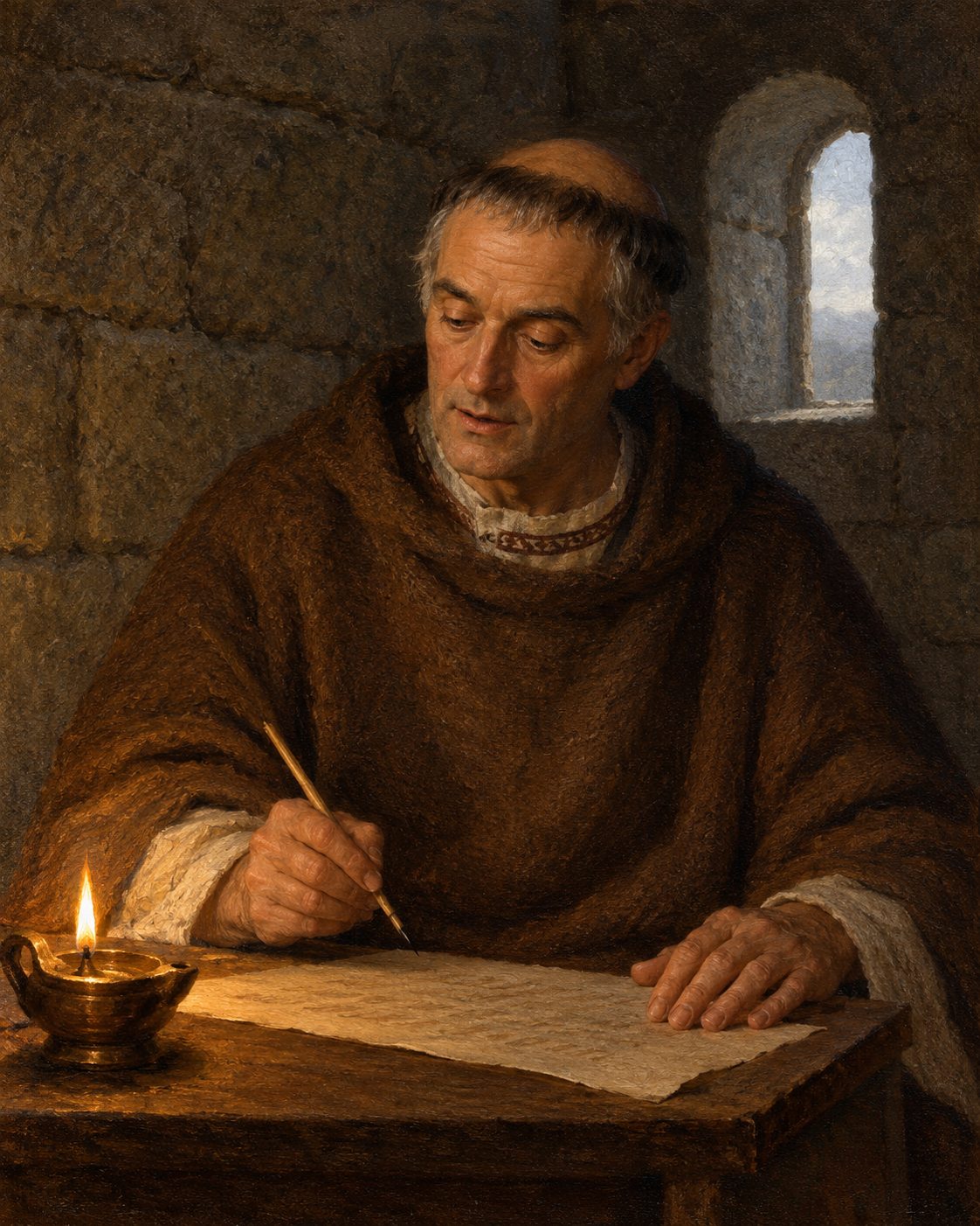 Evocação pintada de São Martinho de Dume a escrever ao rei Miro a carta que abria a *Formula vitae honestae*. Figura genérica, não retrato.