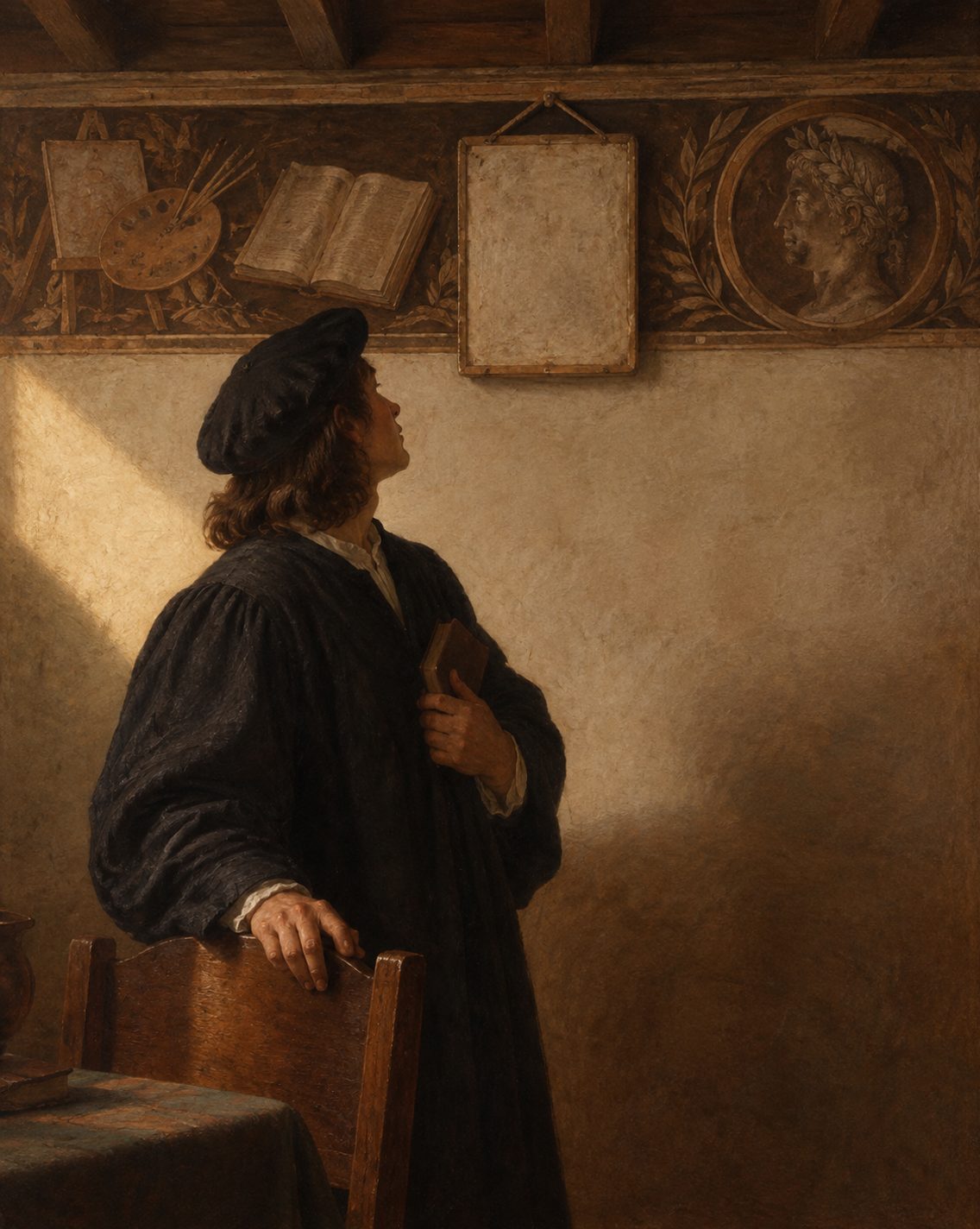 Evocação pintada de uma sala em Castelfranco Veneto com o friso atribuído a Giorgione, pintado nos primeiros anos do século XVI. No friso verdadeiro, uma das sentenças vem do livro de Martinho: «Si prudens esse cupis, in futura prospectum intende», se queres ser prudente, olha para o que há de vir.