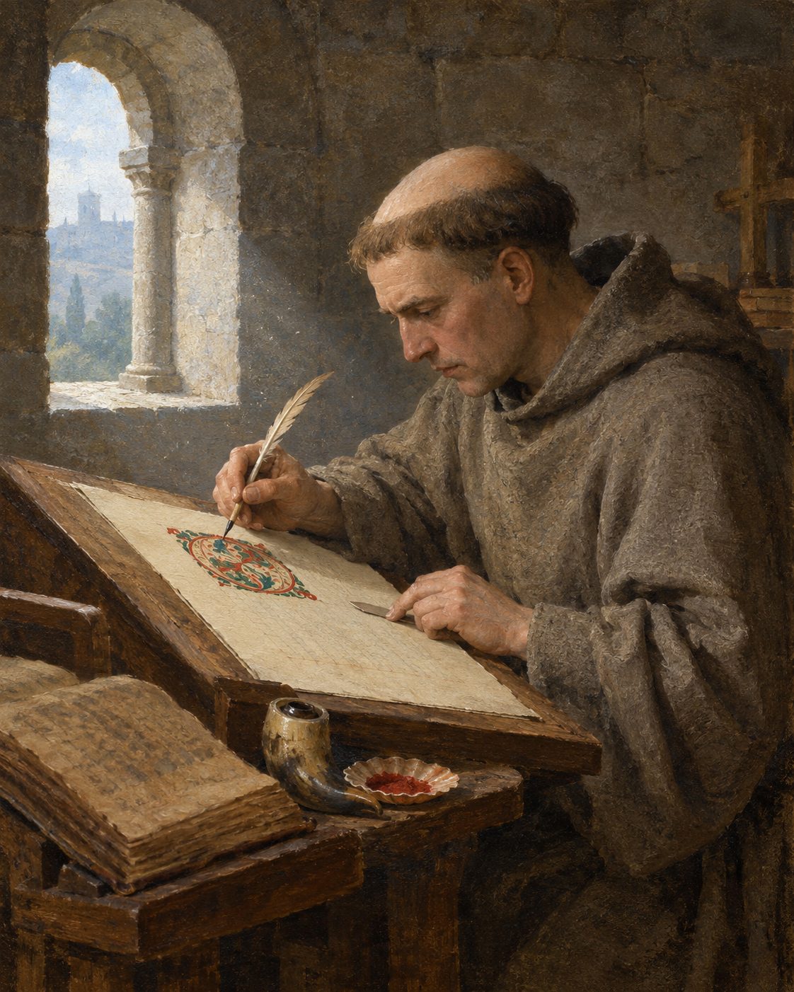 Evocação pintada de um copista num scriptorium do século XII. A partir desse século, as cópias da *Formula* deixaram de trazer a carta a Miro, onde estavam o nome do autor, o título e o rei.