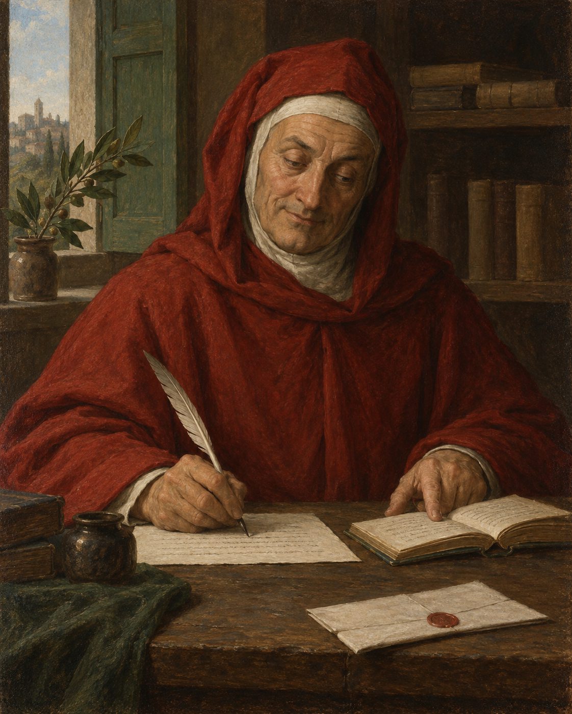 Evocação pintada de Petrarca, que numa das *Seniles* escreveu que aquele livrinho era de «um certo Martinho, bispo», para «um certo rei Miro». Figura genérica, não retrato.
