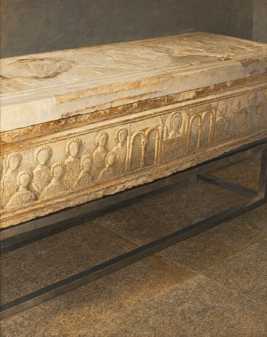 Pintura do cenotáfio de São Martinho, em Dume, esculpido em calcário nos finais do século XI ou inícios do XII, uns cinco séculos depois da morte do bispo; na face, Martinho oficia entre monges. Está vazio desde 1591. A partir de uma fotografia real de Joseolgon (CC BY-SA 3.0).