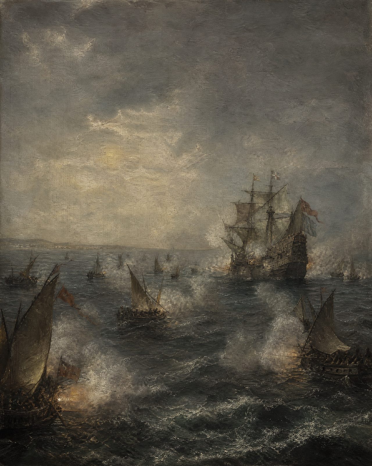 Vinte e dois canhões contra dezassete navios e perto de cinco mil homens. O primeiro dia de combate durou cerca de onze horas, à vista da costa.