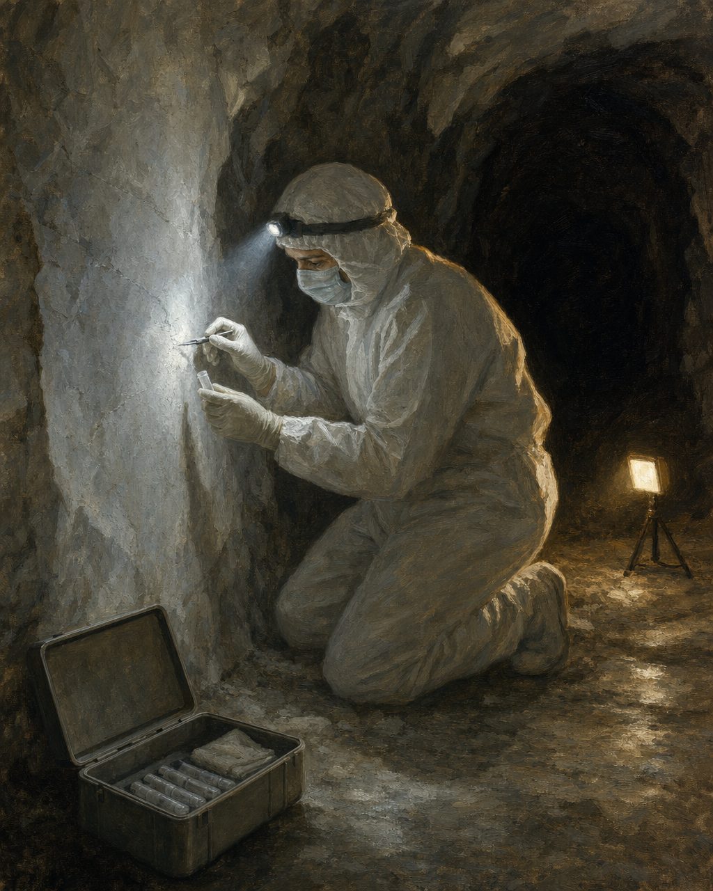 Em junho de 2026, uma equipa internacional publicou na revista Nature Communications a análise de cinquenta e quatro amostras recolhidas em vinte e quatro painéis de arte rupestre de onze grutas da Península Ibérica. Cinco amostras de parede deram ADN humano antigo autêntico, e três delas são do Escoural. O trabalho nasceu do projeto First-Art, e a equipa portuguesa é do Instituto Terra e Memória, em Mação, e do Instituto Politécnico de Tomar. Ilustração: a figura é genérica e não representa nenhum investigador em particular.