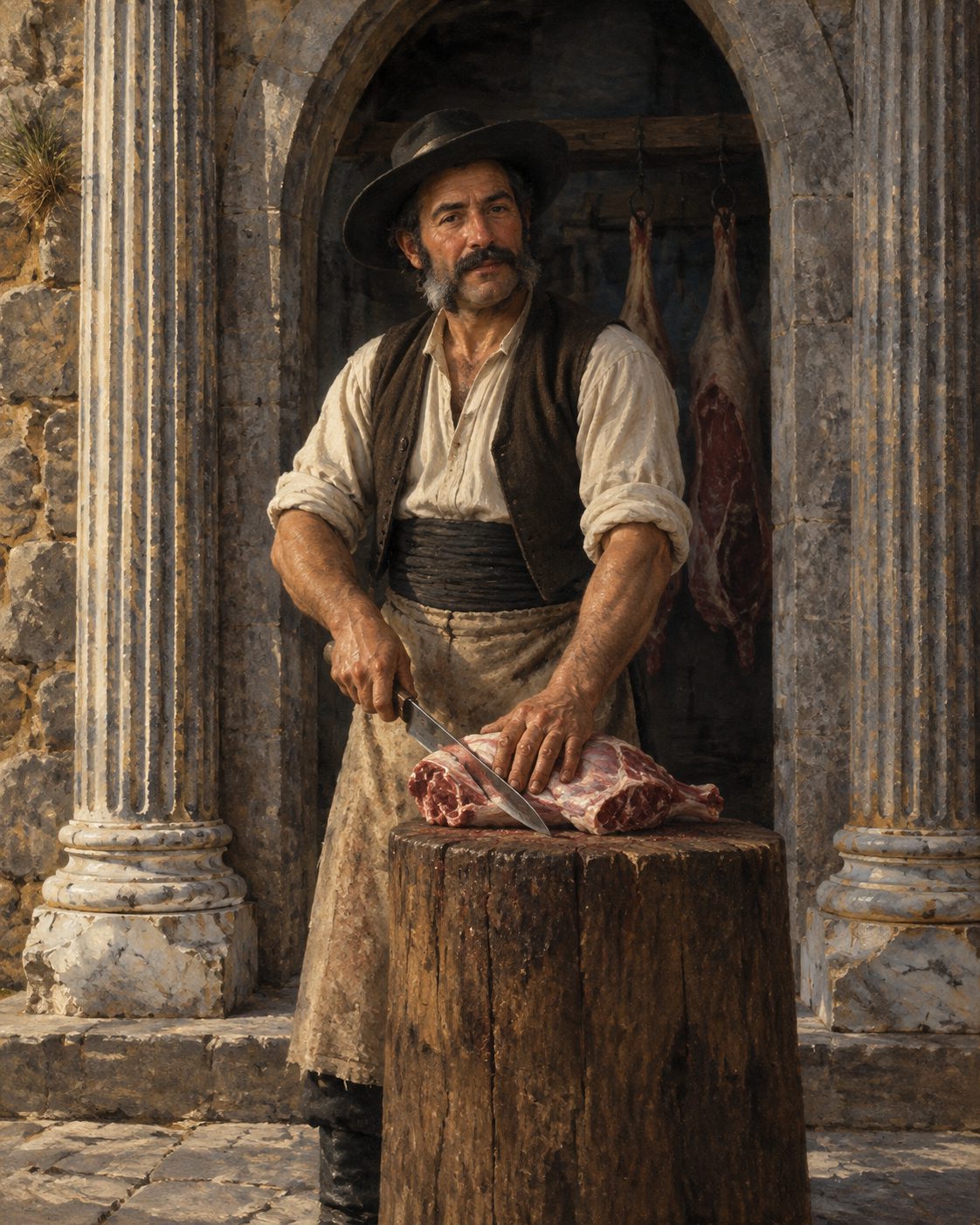 Evocação pintada de um homem a cortar carne à porta do açougue de Évora, nos anos trinta do século XIX. As colunas do templo romano ficavam metidas nas paredes medievais, e lá dentro vendia-se carne: no relato do cronista Fernão Lopes, em 1384, já é o açougue, e assim continuou até 1836. Figura genérica de época, não retrato.