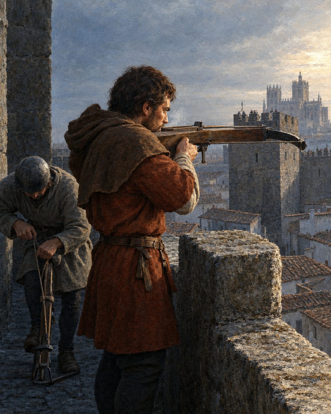 Evocação pintada de janeiro de 1384. Na revolta contra o alcaide que guardava o castelo de Évora em nome da rainha D. Leonor, conta o cronista Fernão Lopes, a gente da cidade subiu à Sé e ao açougue, «que som logares altos», e de lá disparou virotões para dentro do castelo. Figuras genéricas de época.