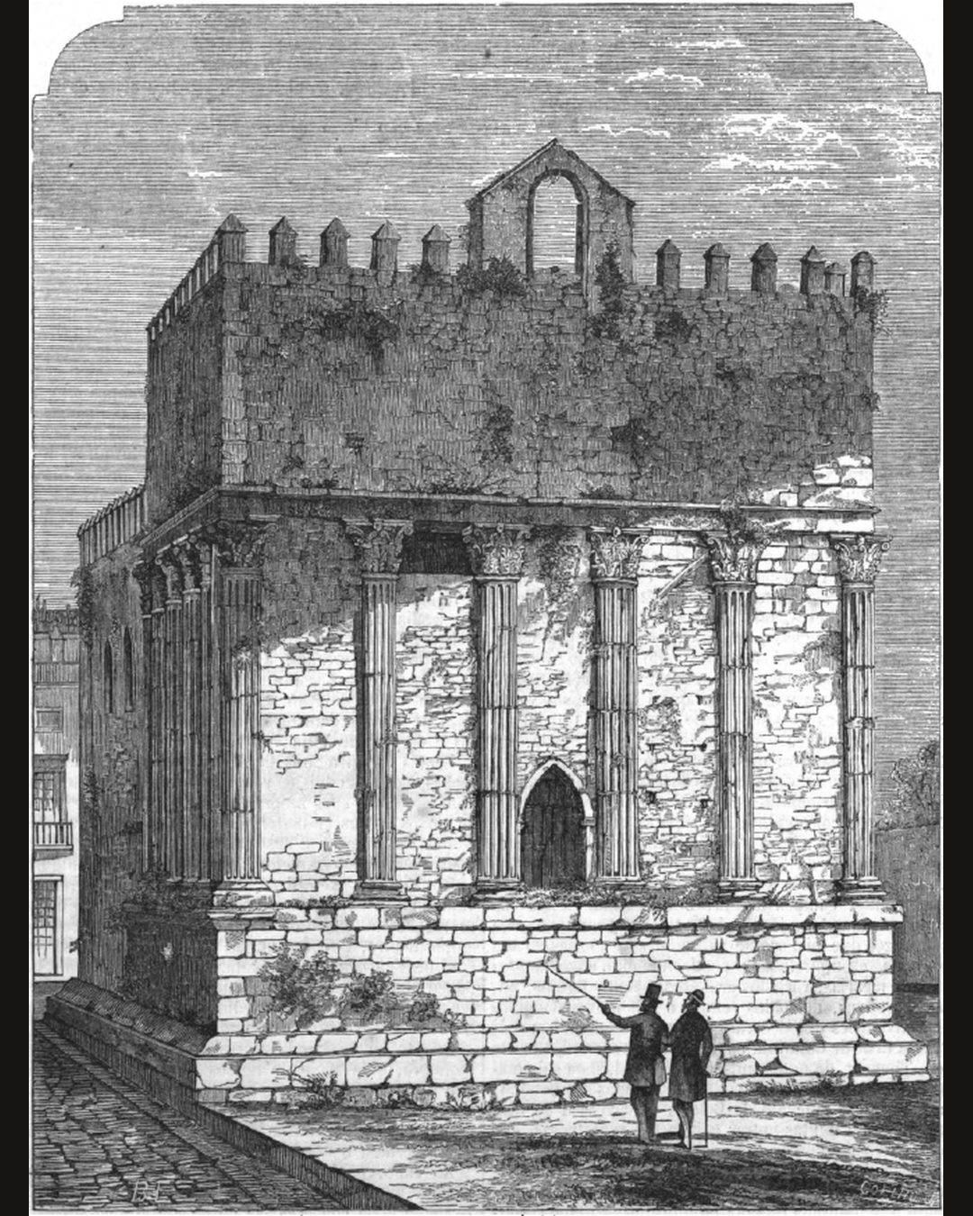 O templo ainda metido nas paredes medievais, com as ameias, o campanário e uma porta em arco quebrado entre as colunas. Gravura do «Archivo Pittoresco», anos sessenta do século XIX (domínio público, Wikimedia Commons).