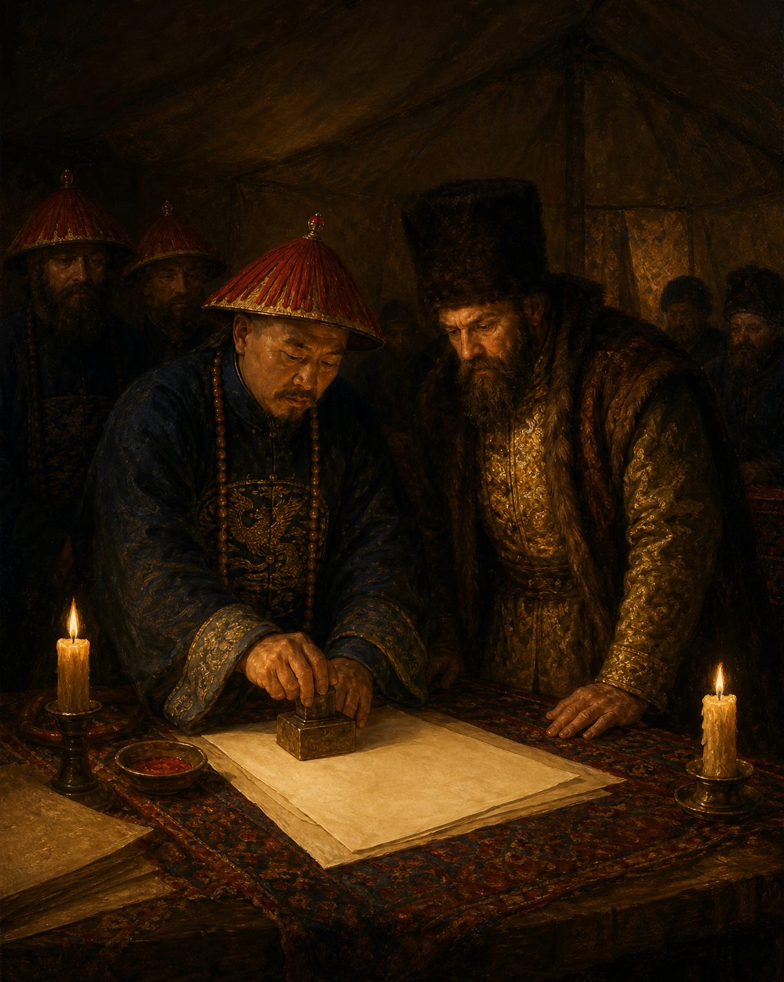 Evocação pintada da assinatura do tratado de Nerchinsk, em 1689, numa tenda com tapetes, à luz de velas de cera, como a descreve Tomás Pereira no seu diário. Figuras genéricas, não retratos.