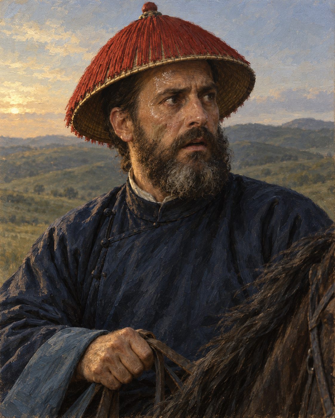 Evocação pintada de Tomás Pereira, jesuíta batizado em São Martinho do Vale, no Minho, depois de correr a cavalo entre os dois acampamentos e chegar «quase sem fôlego», como escreve no diário. Figura genérica, não retrato.