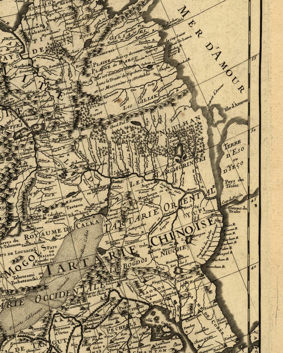 Pormenor da Carte de Tartarie de Guillaume Delisle, impressa em Paris em 1706. Junto à planície de Bargu, a legenda diz que a terra ficou indecisa no Tratado de Nipchou, isto é, de Nerchinsk. (Biblioteca Nacional de Portugal, domínio público.)