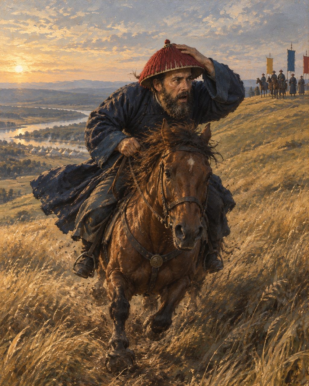 Evocação pintada de Tomás Pereira a correr a cavalo a légua que separava os russos dos embaixadores do imperador, que esperavam nos montes, como conta no diário. Figura genérica, não retrato.