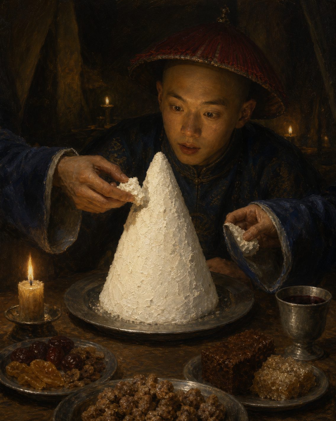 Pintura de um pão de açúcar da Madeira entre pratos de doces. No diário, Tomás Pereira conta que os embaixadores do imperador nunca tinham visto tal coisa e que cada um furtava o que podia. Figuras genéricas, não retratos.