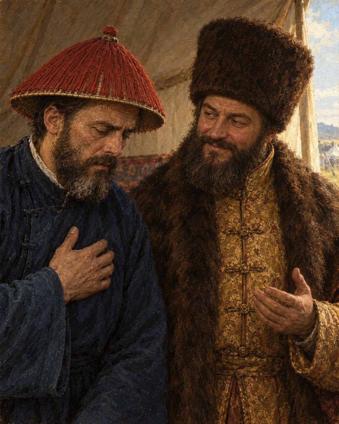 Evocação pintada de Fiódor Golovin, embaixador do czar, a responder a sorrir a Tomás Pereira, que lhe pedia desculpa, segundo o diário: «Comeis o pão da China, vestis seus trajes…» Figuras genéricas, não retratos.