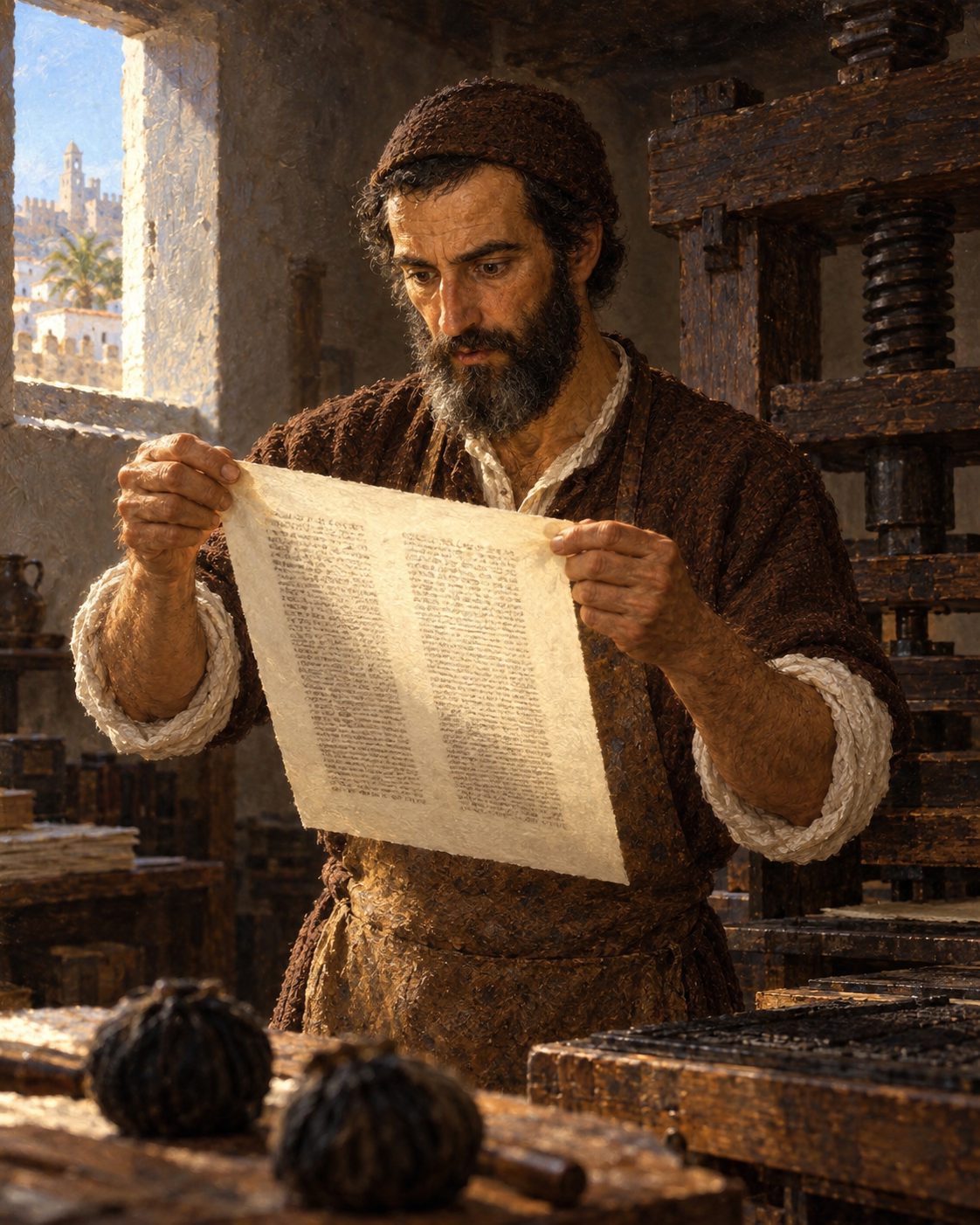 Evocação pintada de uma oficina de impressão em Faro, no verão de 1487: um impressor levanta do prelo uma folha acabada de imprimir. O livro diz que foi feito por ordem de Dom Samuel Gacon, mas não diz quem puxou o prelo (figura genérica, não retrato).