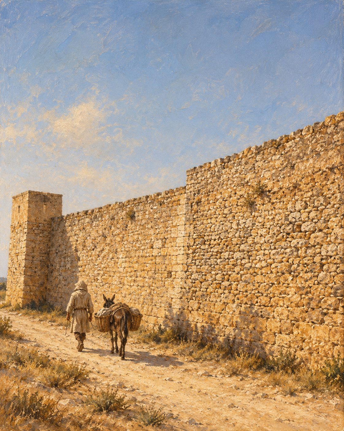 Pintura da muralha da Vila-Adentro de Faro, o núcleo mais antigo da cidade, tal como hoje se conserva, mas sem os edifícios posteriores que se erguem por cima dela, a partir de uma fotografia real de Vitor Oliveira (CC BY-SA 2.0) (figura genérica, não retrato).