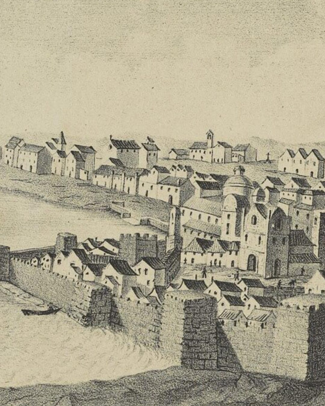 Faro vista do mar numa litografia de Macphail, publicada por volta de 1842: as muralhas e o casario como eram no século XIX, não em 1487 (Biblioteca Nacional de Portugal, domínio público).