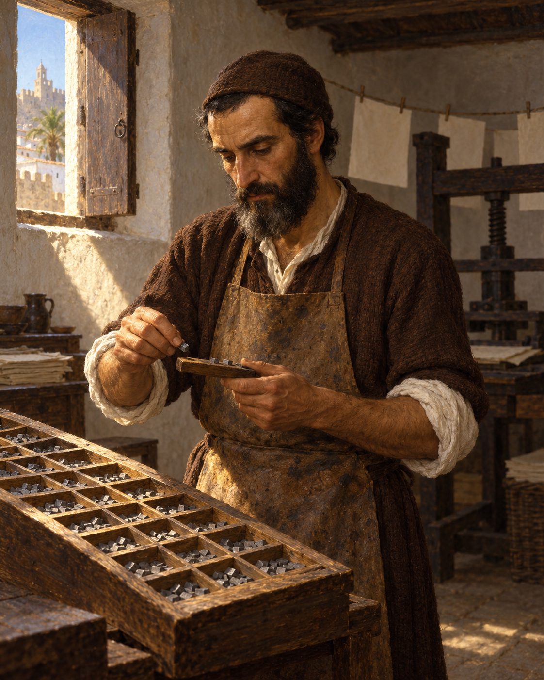 Evocação pintada de um compositor a juntar letras numa oficina de Faro; os tipos hebraicos do Pentateuco foram, tudo indica, feitos em Faro (figura genérica, não retrato).