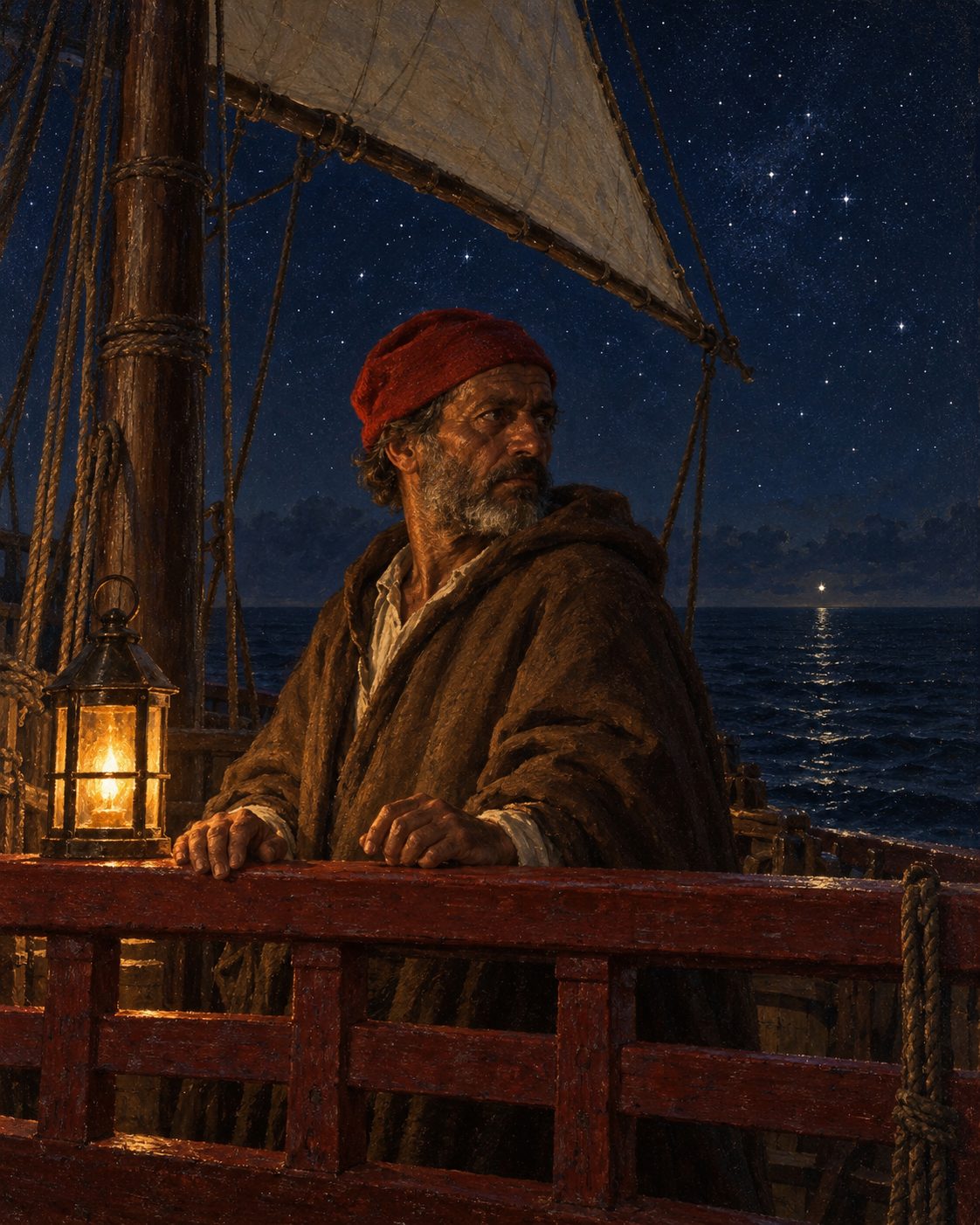 Pintura de um piloto de uma caravela portuguesa a olhar para trás, de noite, para a estrela do Norte, já muito baixa sobre o mar, no golfo da Guiné (evocação; figura genérica, não retrato).