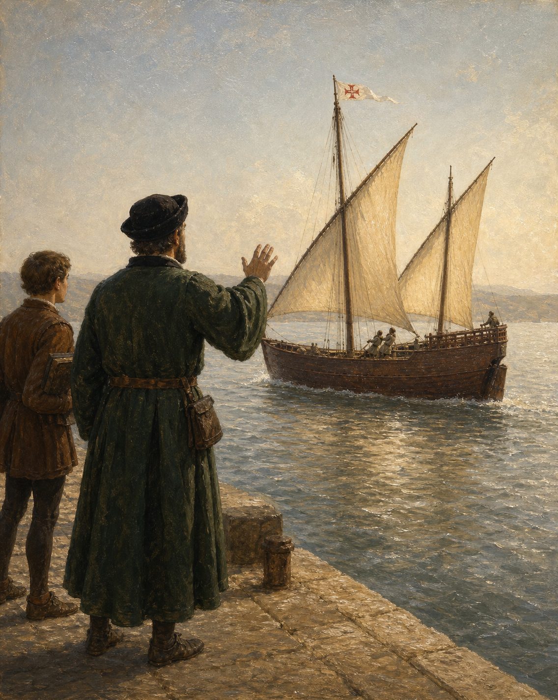 Pintura de um mercador de Lisboa, de costas, no cais do Tejo, a ver partir uma caravela; Fernão Gomes arrendou o trato e mandou os navios, mas nenhuma fonte o põe a bordo (evocação; figura genérica, não retrato: não se conhece nenhum retrato de Fernão Gomes).