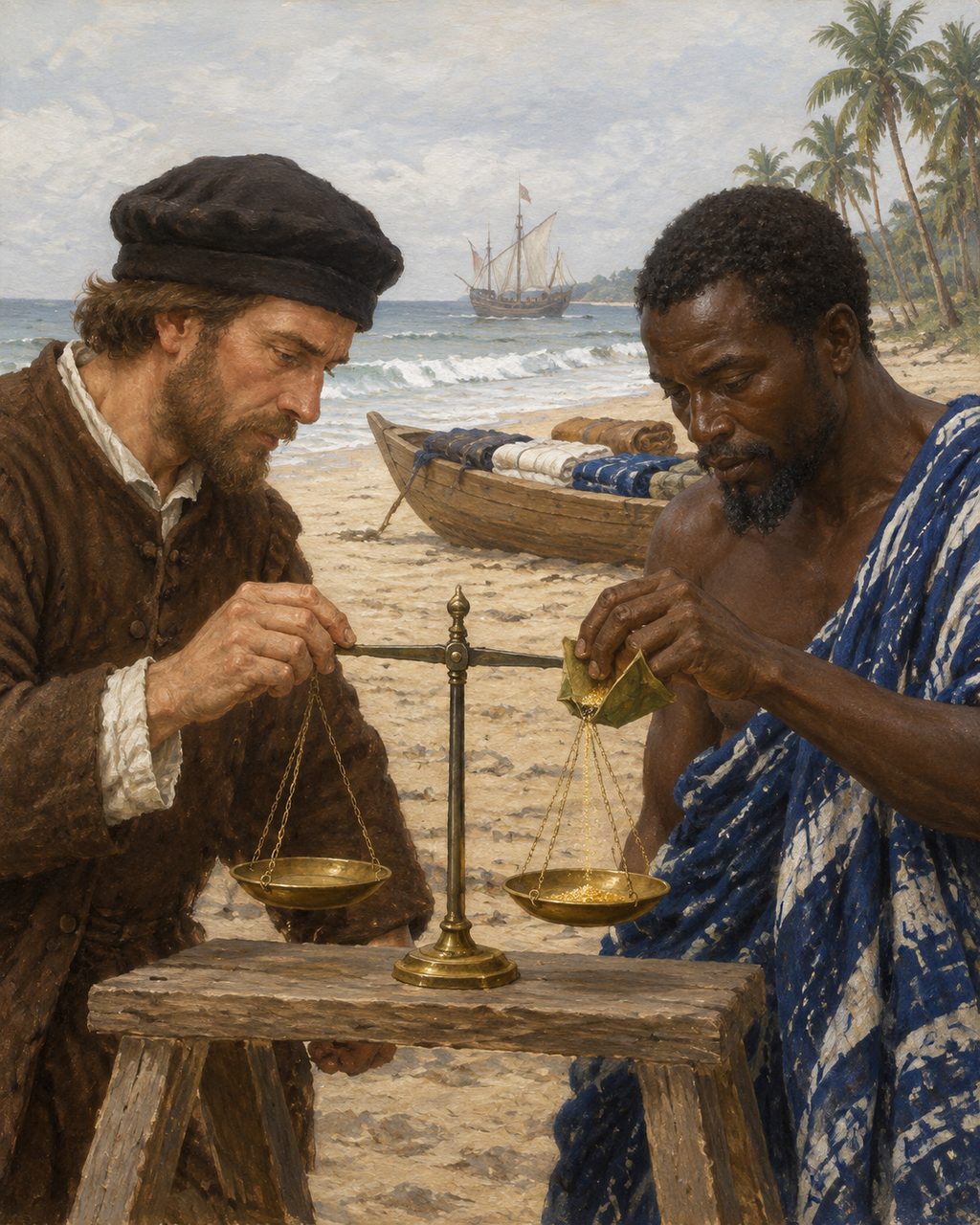 Pintura de um resgate de ouro numa praia da costa da Mina: um mercador da terra deita ouro em pó na balança de um feitor português, como no primeiro resgate, na aldeia de Samá (evocação; figuras genéricas, não retratos).