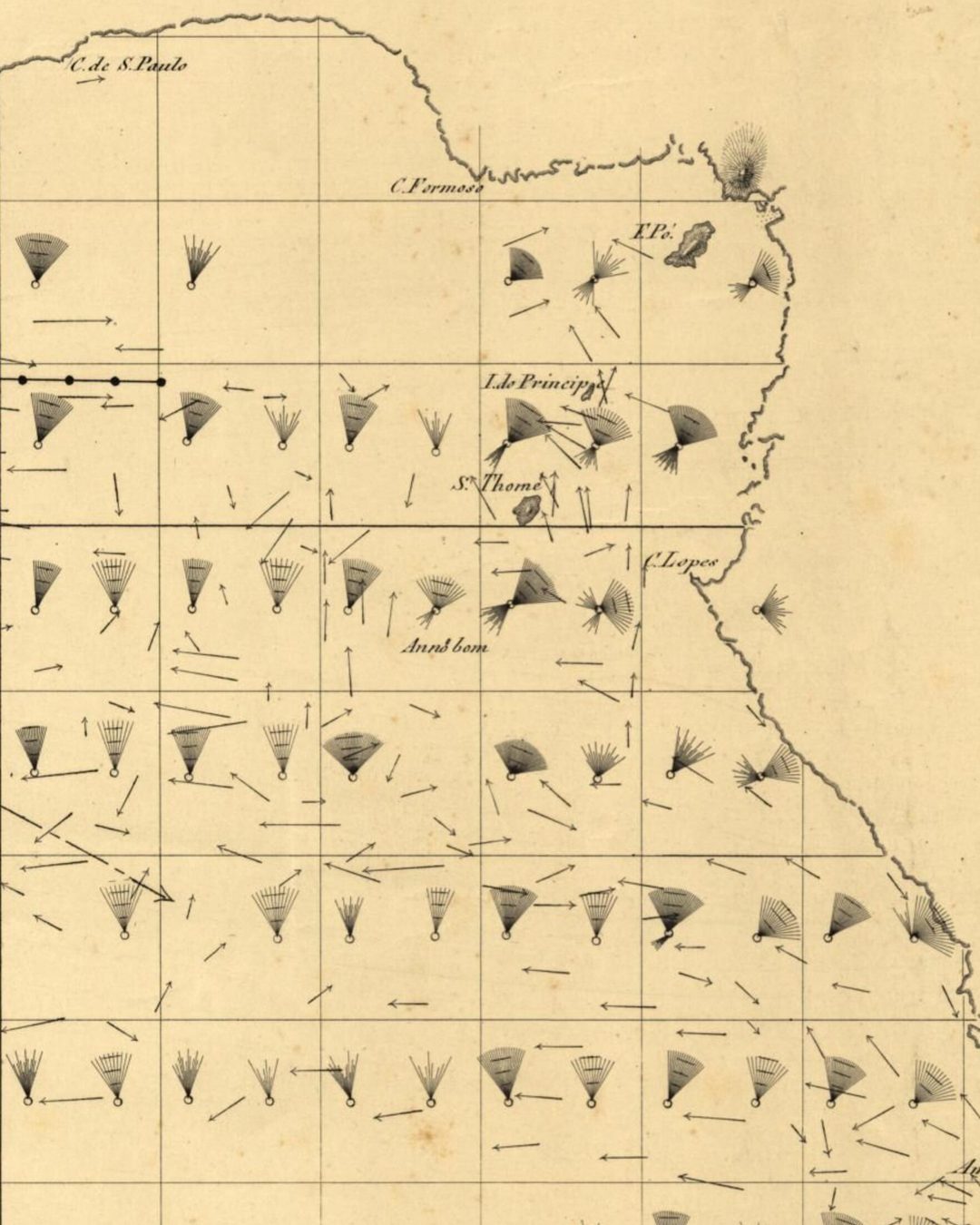 O fundo do golfo da Guiné na carta de ventos e correntes de J. C. B. Capello, de 1861: a ilha de Fernão do Pó, o Príncipe, São Tomé e o «C. Lopes», o cabo que ainda guarda o nome do capitão Lopo Gonçalves (Biblioteca Nacional de Portugal, domínio público).