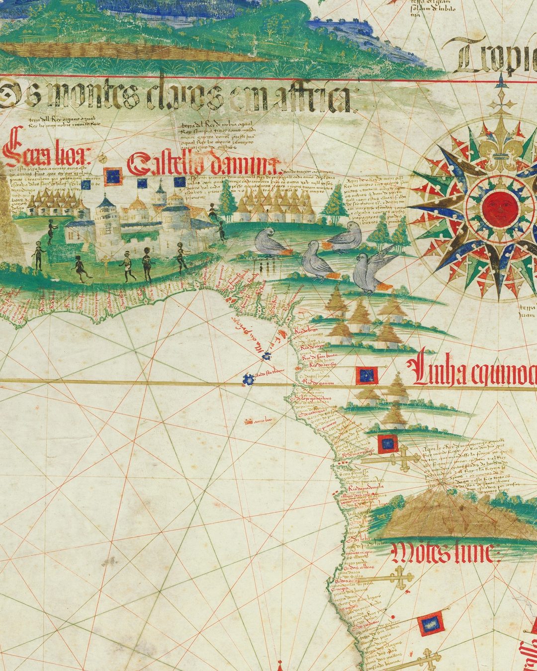 A costa da Guiné no planisfério português de 1502, dito de Cantino: a «Serra lyoa», o «Castello damina», que é posterior ao contrato, e a «Linha equinocialis» a dourado a cortar o golfo (Biblioteca Estense Universitaria, Módena; Wikimedia Commons, domínio público).