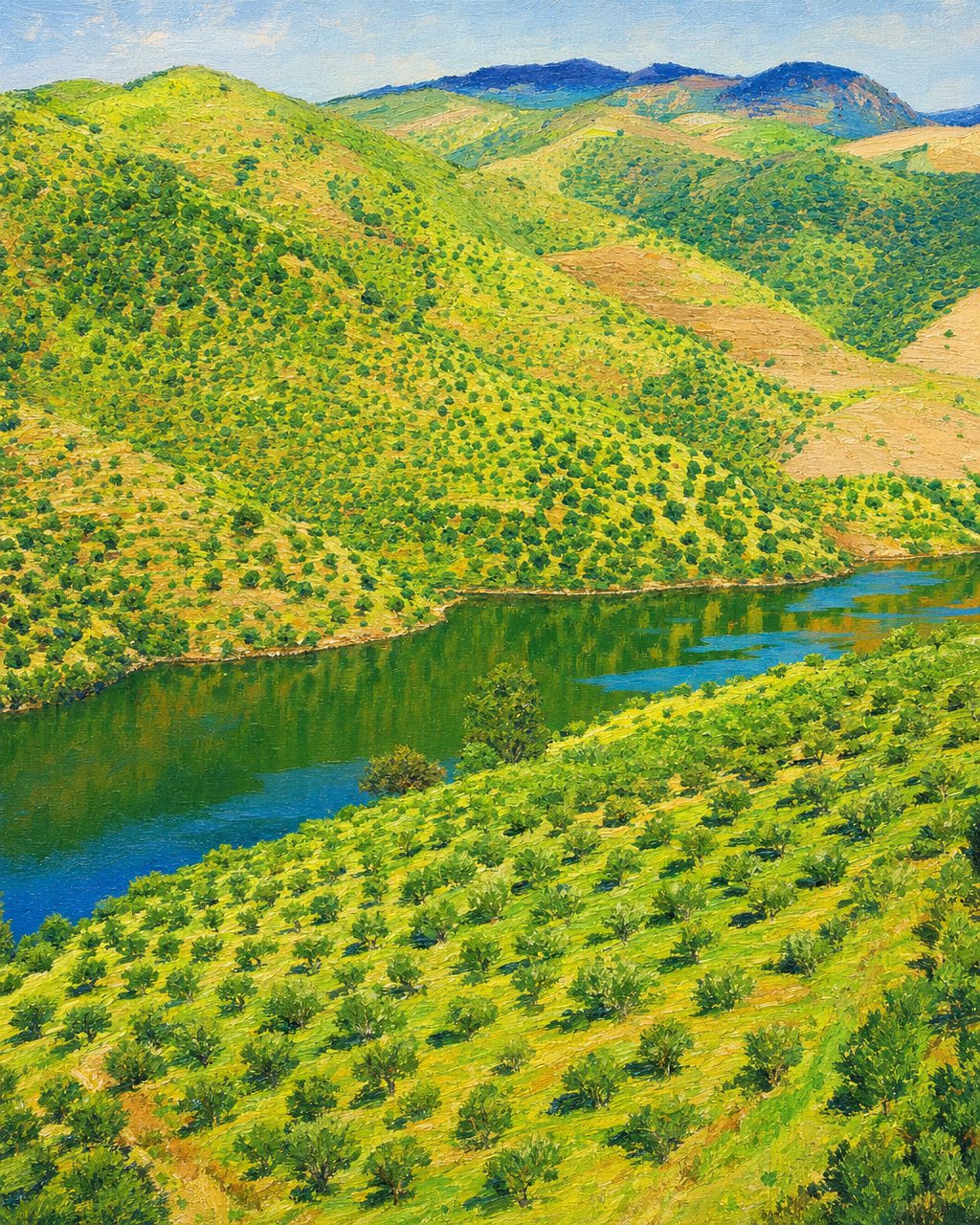 O vale que Portugal pagou uma fortuna para deixar exatamente como estava há vinte mil anos. Hoje é Património Mundial da UNESCO. Pintura a partir de uma fotografia real do vale do Côa junto ao Douro — foto de referência de Jaimegxy (CC BY-SA 4.0, via Wikimedia Commons, creativecommons.org/licenses/by-sa/4.0/). Pintura derivada partilhada sob CC BY-SA 4.0.