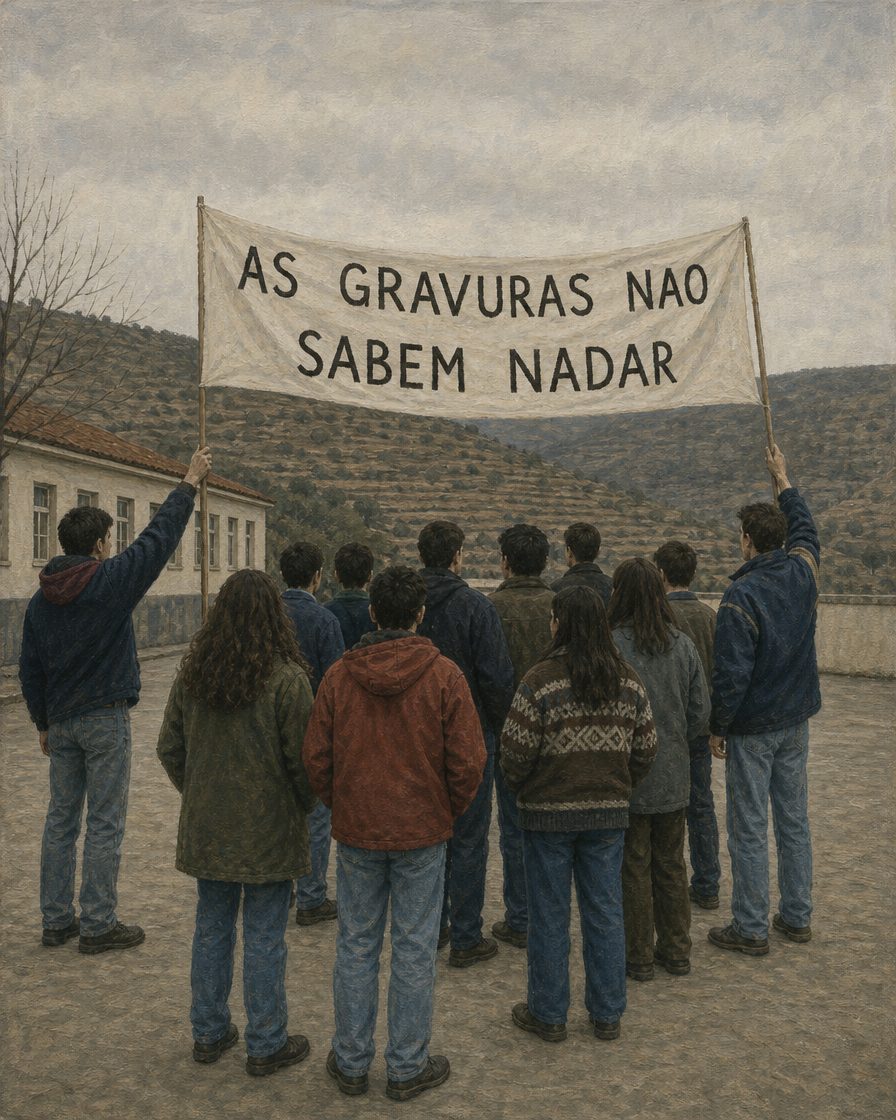 «As gravuras não sabem nadar.» O grito nasceu na escola secundária de Vila Nova de Foz Côa, em 1995, emprestado de uma canção dos Black Company. A luta saltou os limites do concelho e juntou estudantes de todo o país. Pintura (figuras anónimas).