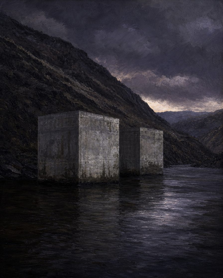 As duas ensecadeiras da barragem que nunca se acabou continuam no leito do Côa, ao lado das gravuras. A água ainda tenta, de vez em quando. Pintura.