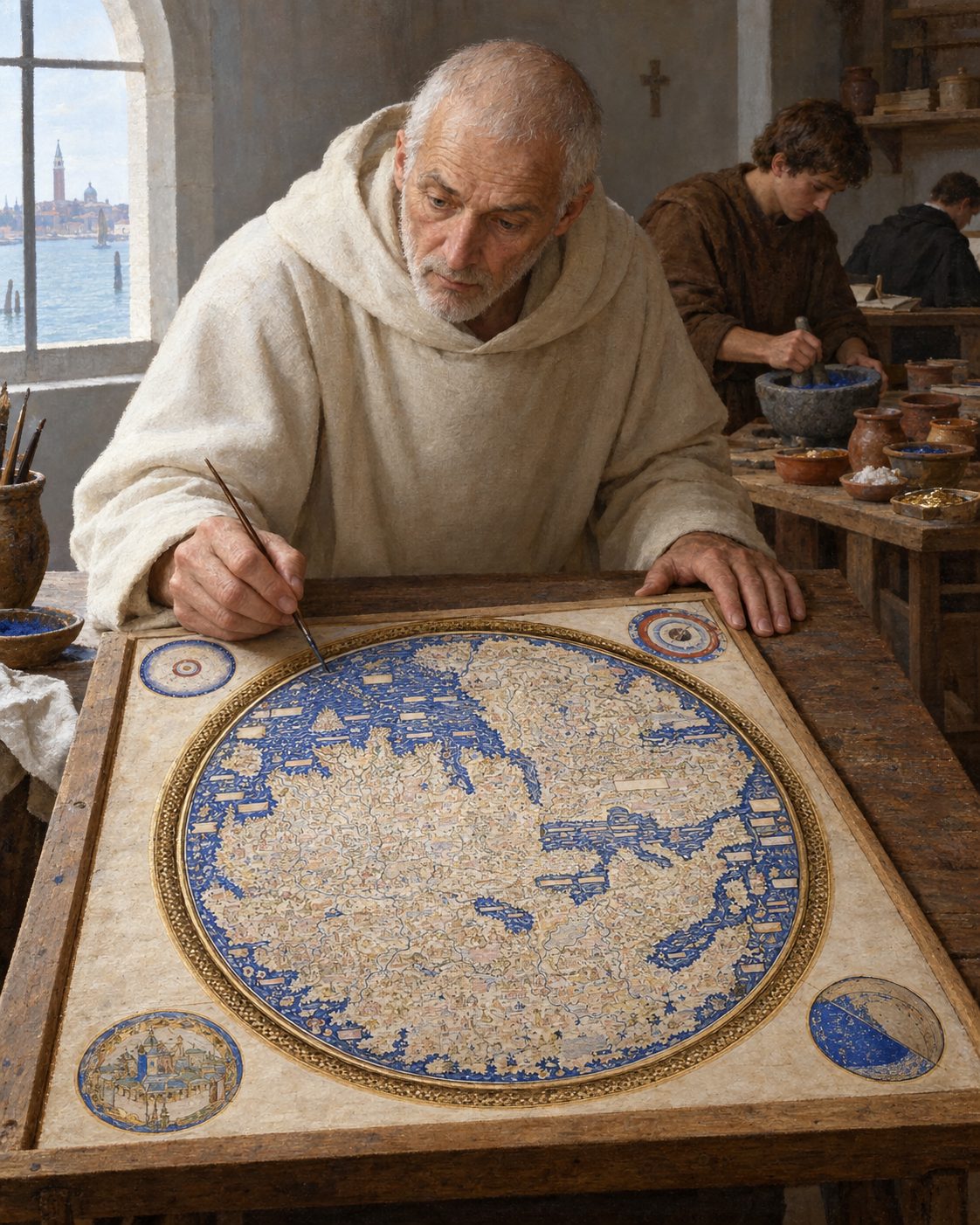 Pintura de um frade camaldulense a trabalhar num grande mapa-múndi redondo, com o sul em cima, num mosteiro da laguna de Veneza, enquanto um pintor mói azul e um escriba escreve (figura genérica, não retrato); o mapa segue uma reprodução do mapa de Fra Mauro da Biblioteca Marciana.